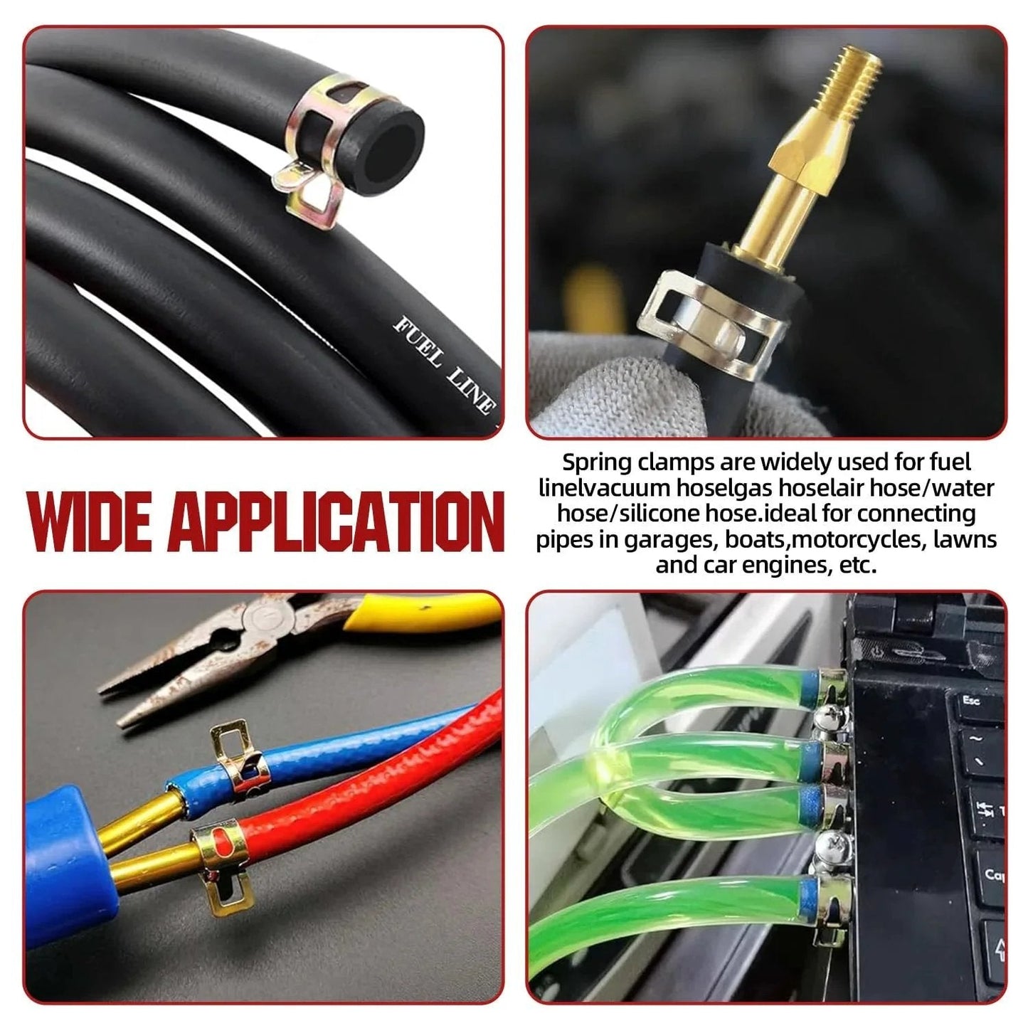 90Pcs 6 To 16 Millimeter Spring Band Hose Clamps Assortment Kit Galvanized Carbon Steel Vacuum Hose Clips Constant Tension Clamps For Vacuum Hoses Fuel Lines And Silicone Hoses Durable Corrosion Resistant Under Hood Automotive Grade Construction shown in use on various hoses and connectors.