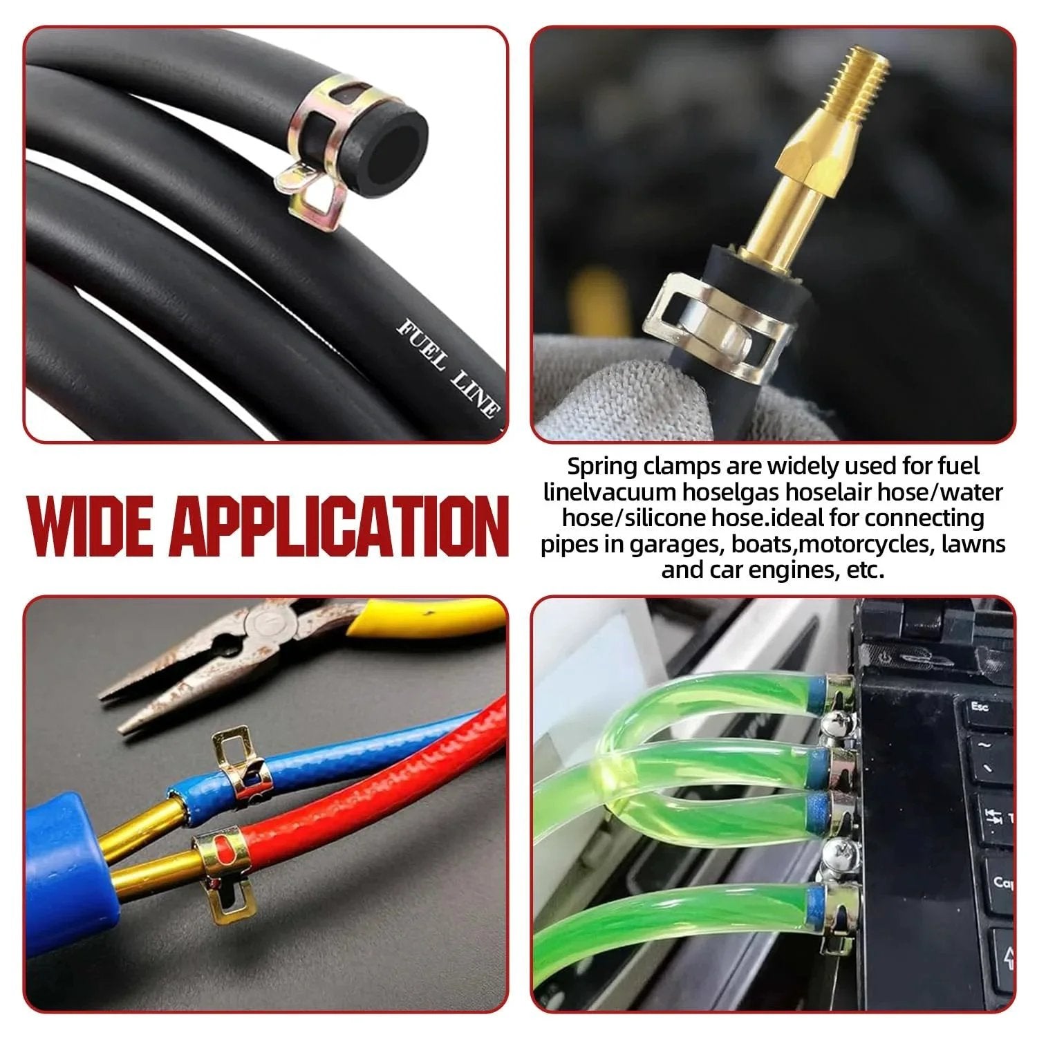 90Pcs 6 To 16 Millimeter Spring Band Hose Clamps Assortment Kit Galvanized Carbon Steel Vacuum Hose Clips Constant Tension Clamps For Vacuum Hoses Fuel Lines And Silicone Hoses Durable Corrosion Resistant Under Hood Automotive Grade Construction shown in use on various hoses and connectors.