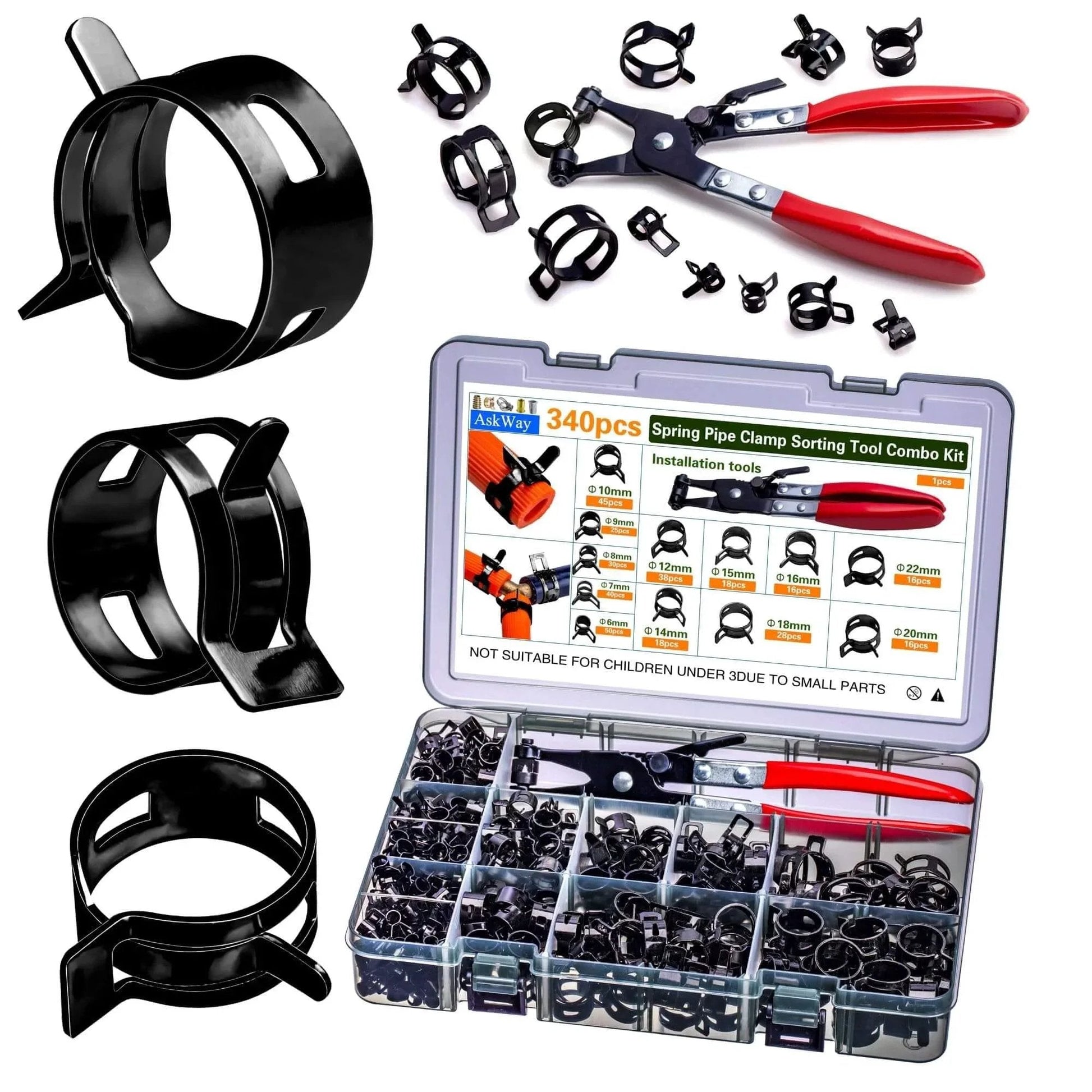 Spring Hose Clamps Kit 340 Pieces With Clamp Tool 12 Sizes From 6mm To 22mm For Automotive Marine Gardening And Industrial Applications Includes 340Pcs Clamp Set And Installation Tool