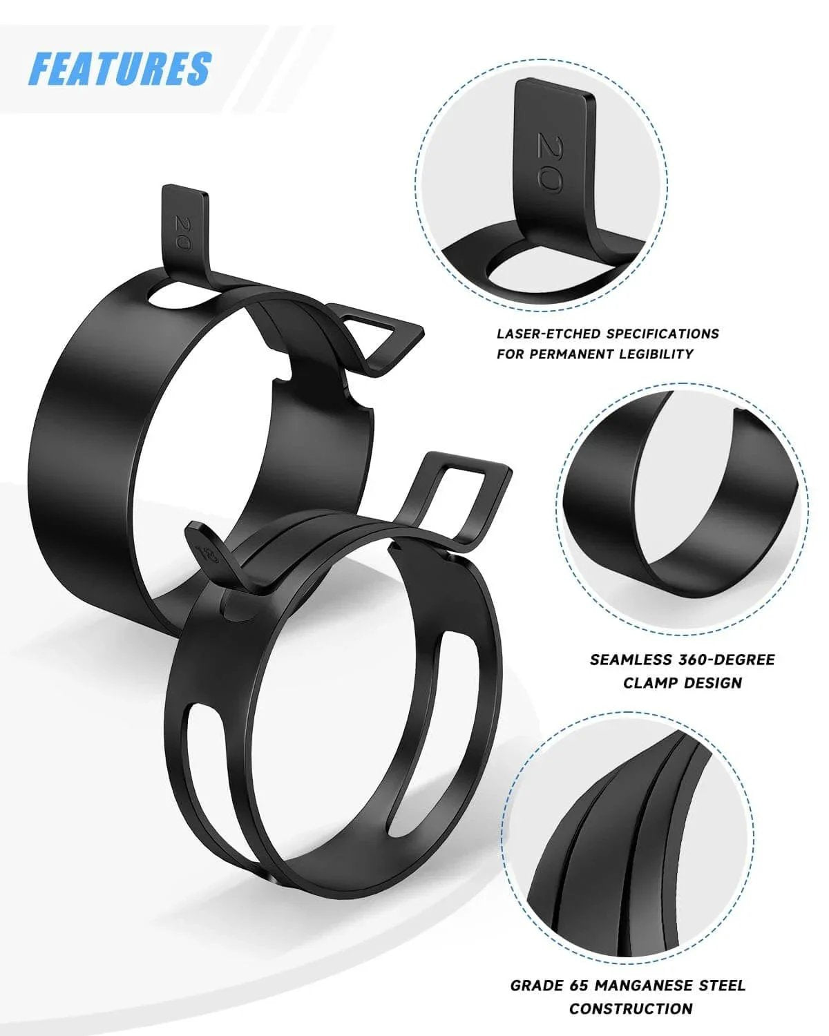 Close-up view of 100 Piece 6 To 25mm Spring Hose Clamps Assortment Kit with durable steel design and seamless 360-degree construction.