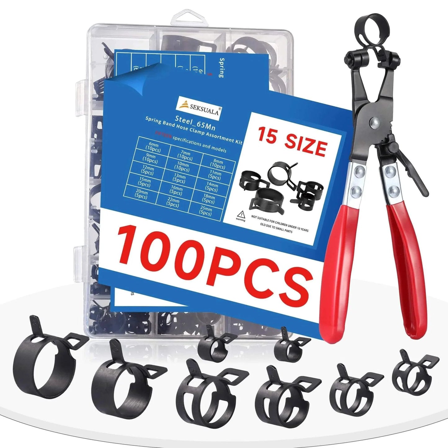 100 Piece 6 To 25mm Spring Hose Clamps Assortment Kit with swivel flat plier, durable steel for automotive and DIY use, 15 sizes shown