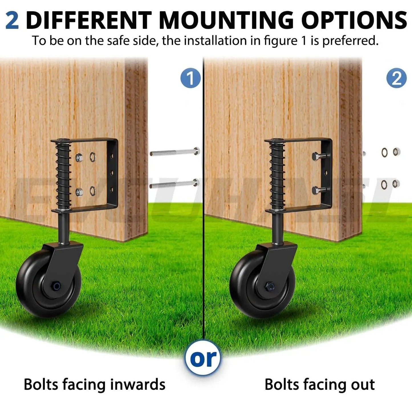 Spring Loaded Gate Caster Wheel With Bearing For Outdoor Gates and Fences Heavy Duty 360 Degree Swivel Gate Wheel installed on wooden gates with two mounting options, bolts facing inwards or outwards.