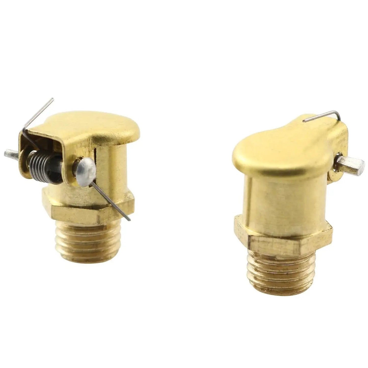 Front view of spring loaded copper oil cup caps for grease lubrication M8x1 male thread 4 pack with flip caps and rust resistant oiler lids