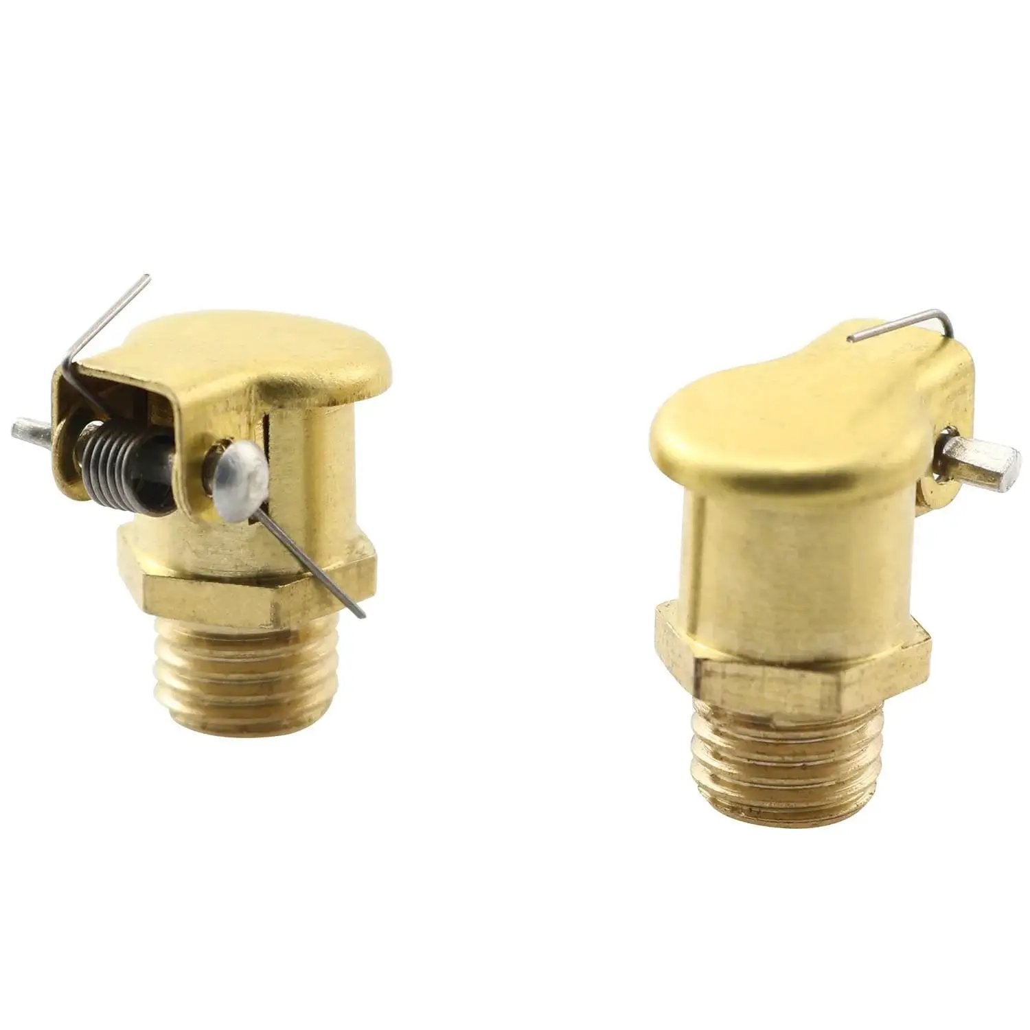 Front view of spring loaded copper oil cup caps for grease lubrication M8x1 male thread 4 pack with flip caps and rust resistant oiler lids