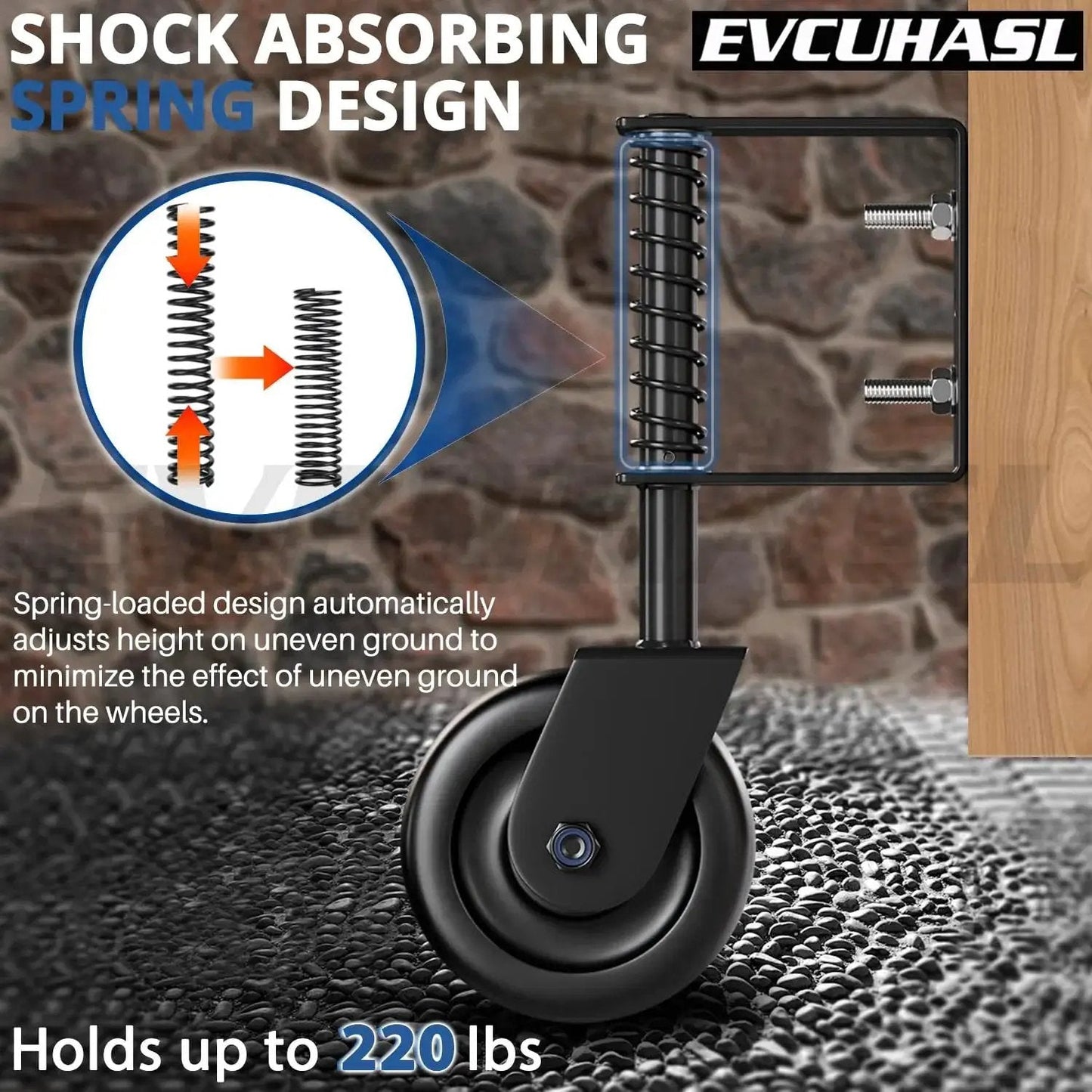 Spring Loaded Gate Caster Wheel With Bearing For Outdoor Gates And Fences Heavy Duty 360 Degree Swivel Gate Wheel Suitable For Wooden Gates Fence Gates And Metal Tube Gates 220 Lbs Capacity Black 1 Pack showing shock-absorbing spring design.