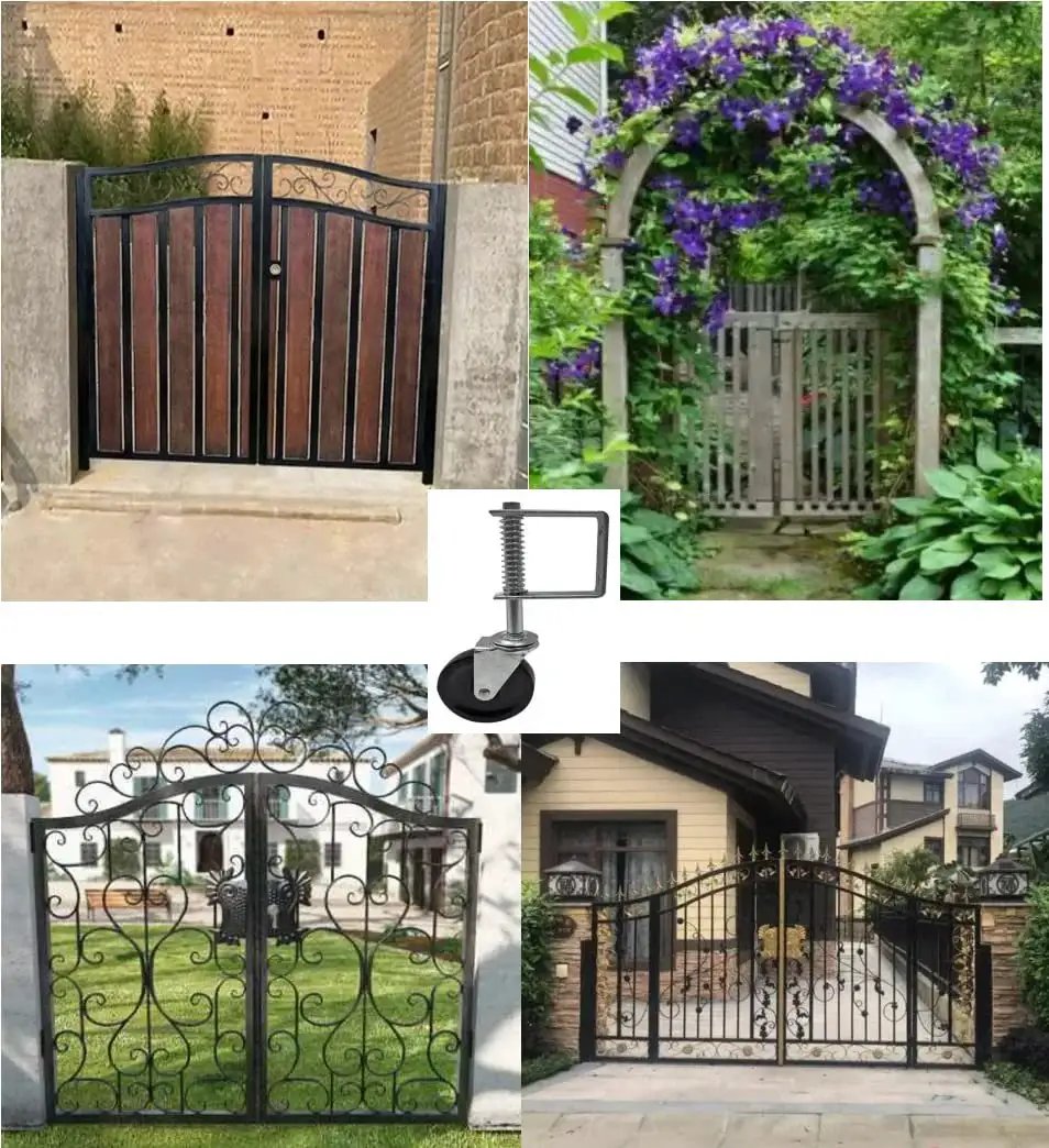 Gate Caster Wheel For 4 Inch And 5 Inch Heavy Duty Spring Loaded Gate Caster With Adjustable Bracket in use on various gates.