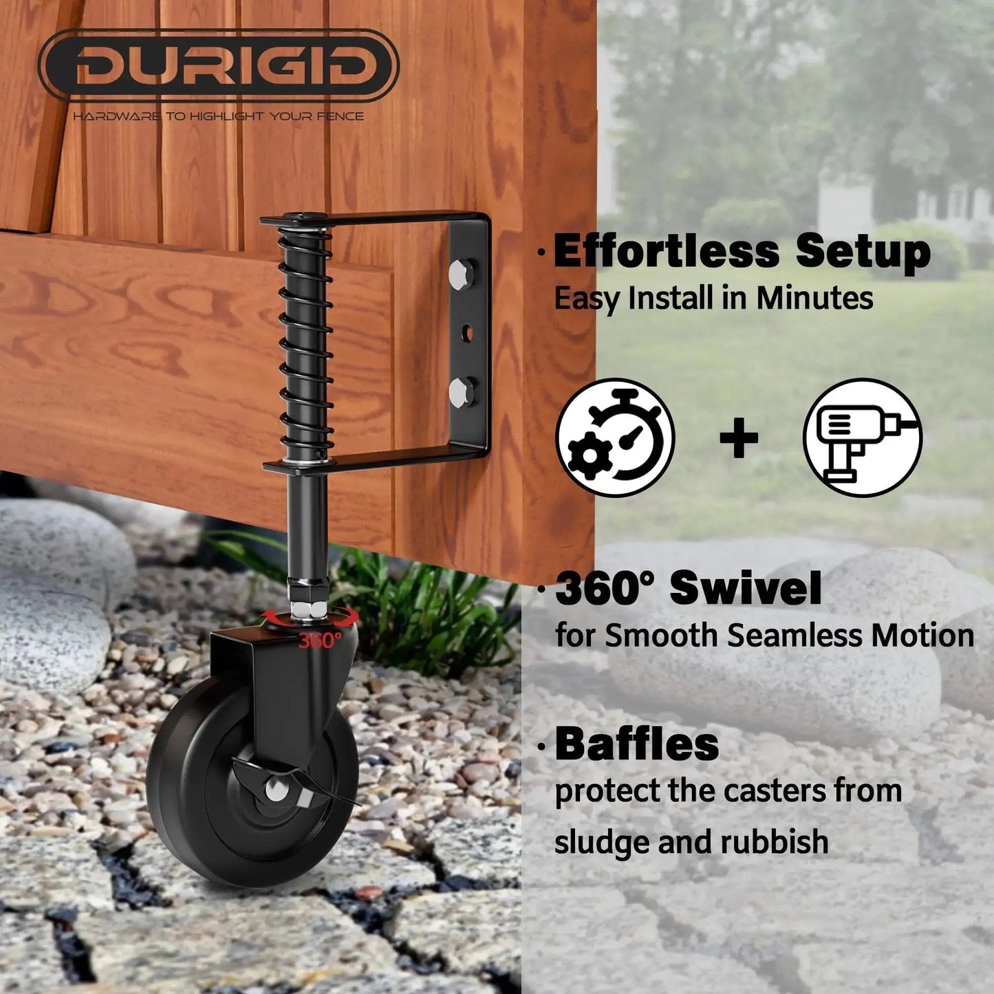 Spring Loaded Gate Wheel 200 Lb Capacity For Wooden Fence Gates Side Break Caster Wheel installed on wooden gate