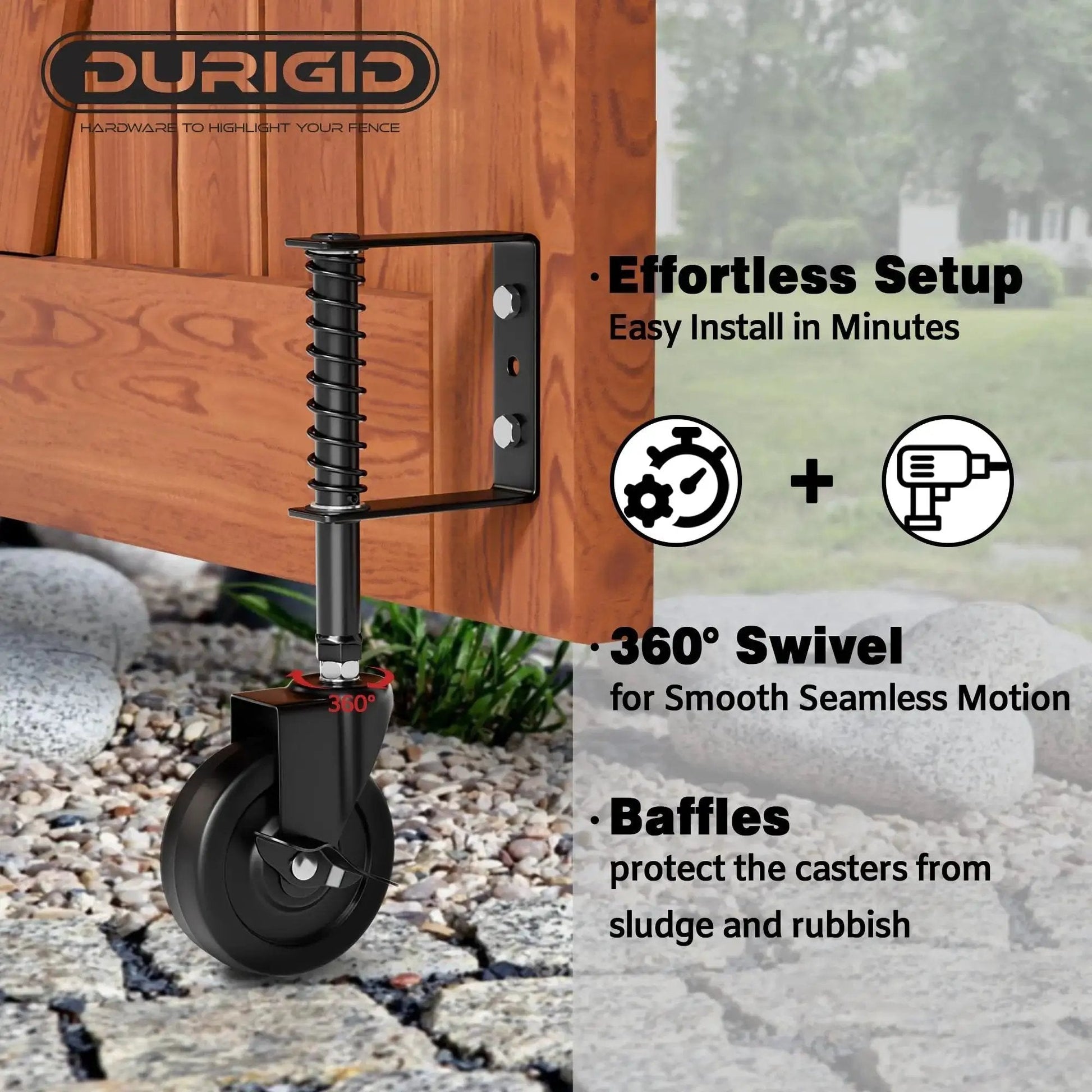 Spring Loaded Gate Wheel 200 Lb Capacity For Wooden Fence Gates Side Break Caster Wheel installed on wooden gate
