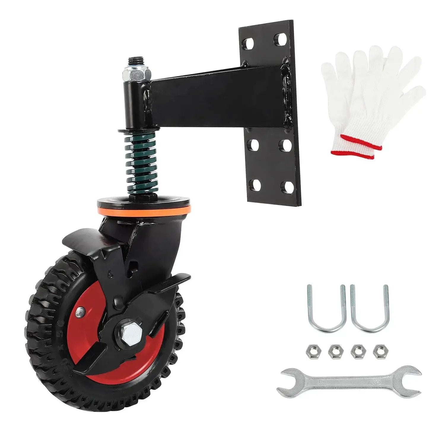 Six Inch Gate Wheels With Brake For Metal Swing Tube Gates And Wooden Fence Gates, Spring Loaded Vertical Spring For Height Compensation, 360 Degree Swivel With Smooth Rotation, Supports Up To 500 Lbs