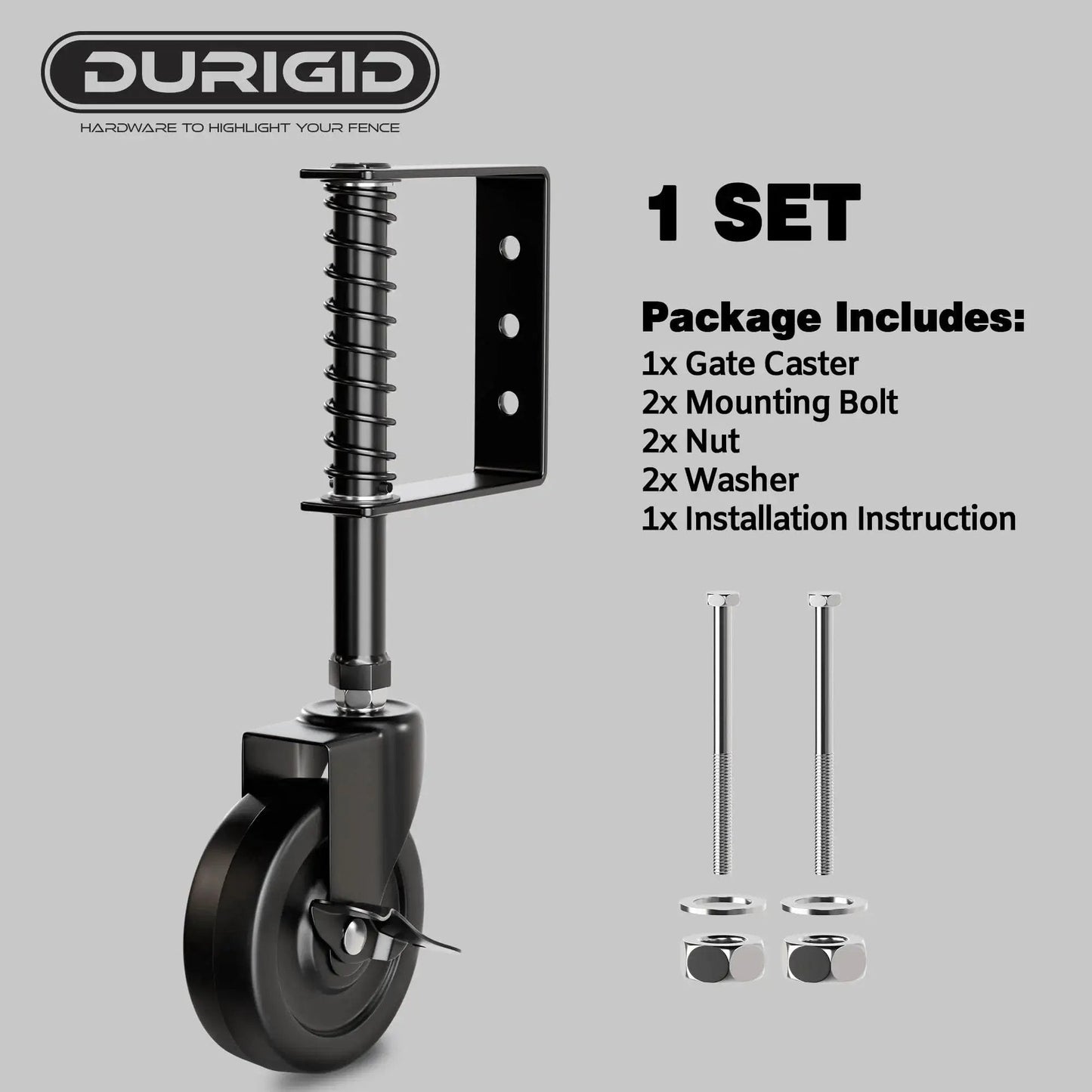 Spring Loaded Gate Wheel 200 Lb Capacity For Wooden Fence Gates Side Break Caster Wheel Durable PP Material shown with accessories