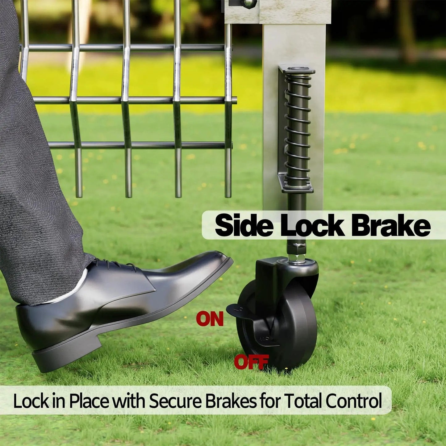 Spring Loaded Gate Wheel 200 Lb Capacity For Wooden Fence Gates Side Break Caster Wheel Durable PP Material shown with brake engaged.