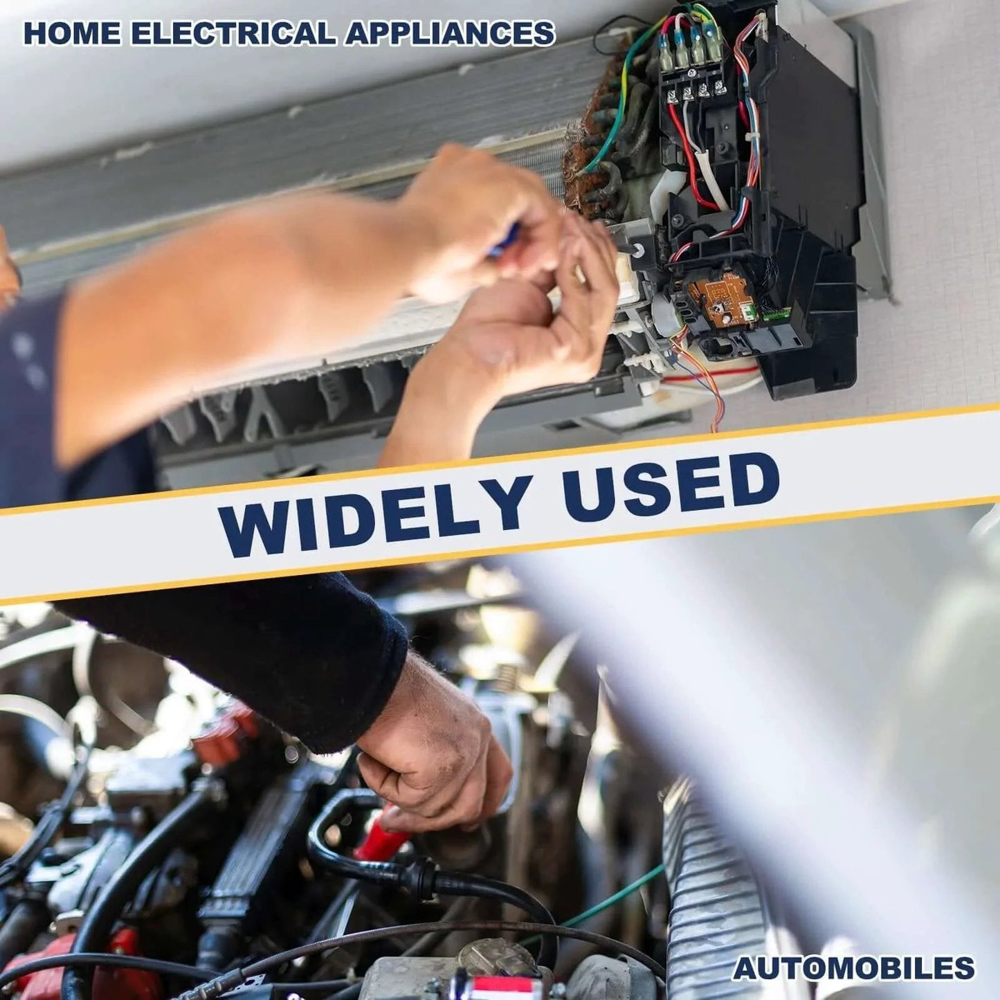 Two images showing hands using tools on home electrical appliance and automobile engine, illustrating the versatility of Slotted Spring Pin for home improvement and automotive machine repair.