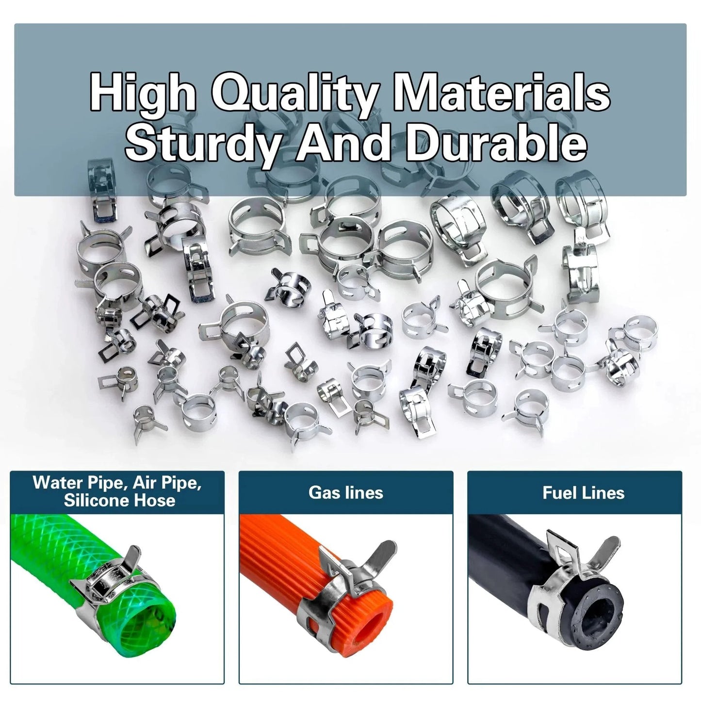 108 Piece Spring Pipe Clamp Set With Tools 9 Sizes 6 To 18mm Spring Hose Clamps For Automotive Marine Gardening And Industrial Applications silvery clamps displayed with hoses.