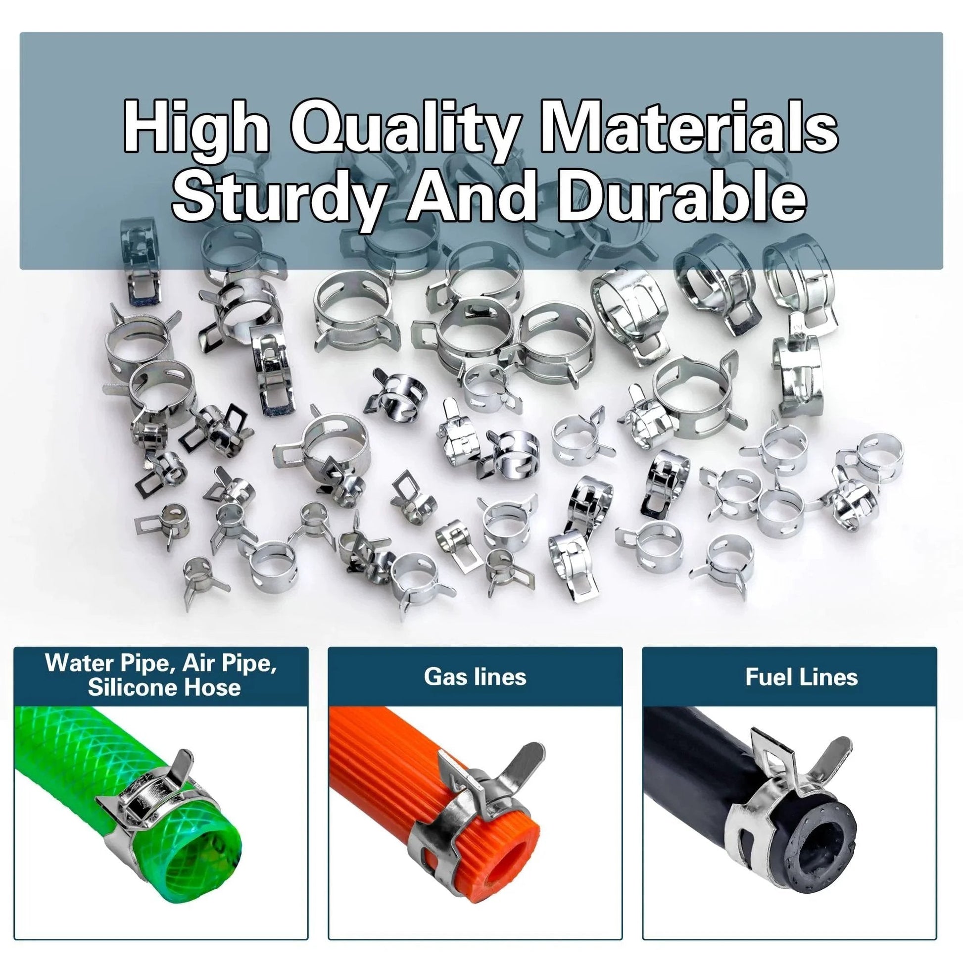 108 Piece Spring Pipe Clamp Set With Tools 9 Sizes 6 To 18mm Spring Hose Clamps For Automotive Marine Gardening And Industrial Applications silvery clamps displayed with hoses.