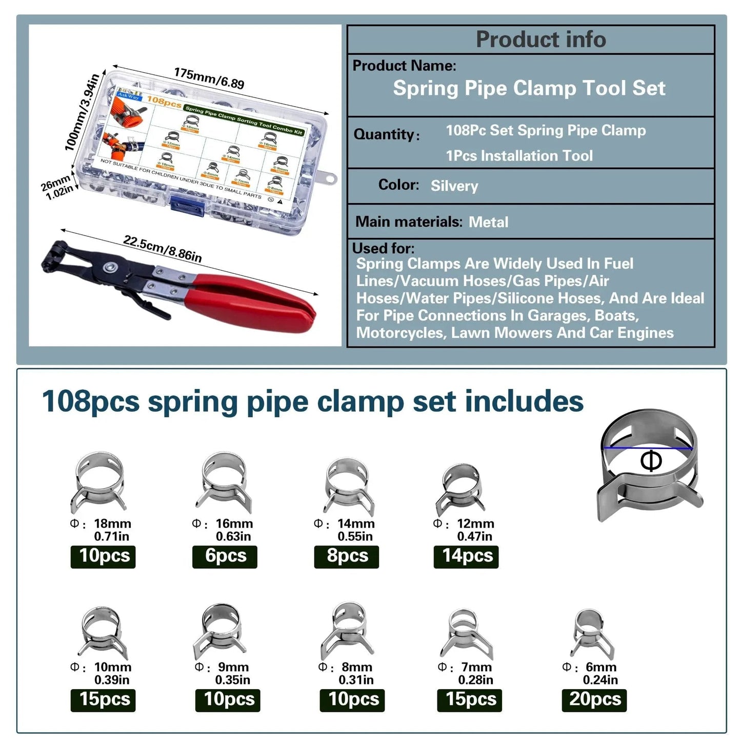 108 Piece Spring Pipe Clamp Set With Tools 9 Sizes 6 To 18mm Spring Hose Clamps For Automotive Marine Gardening And Industrial Applications shown with installation tool and size chart