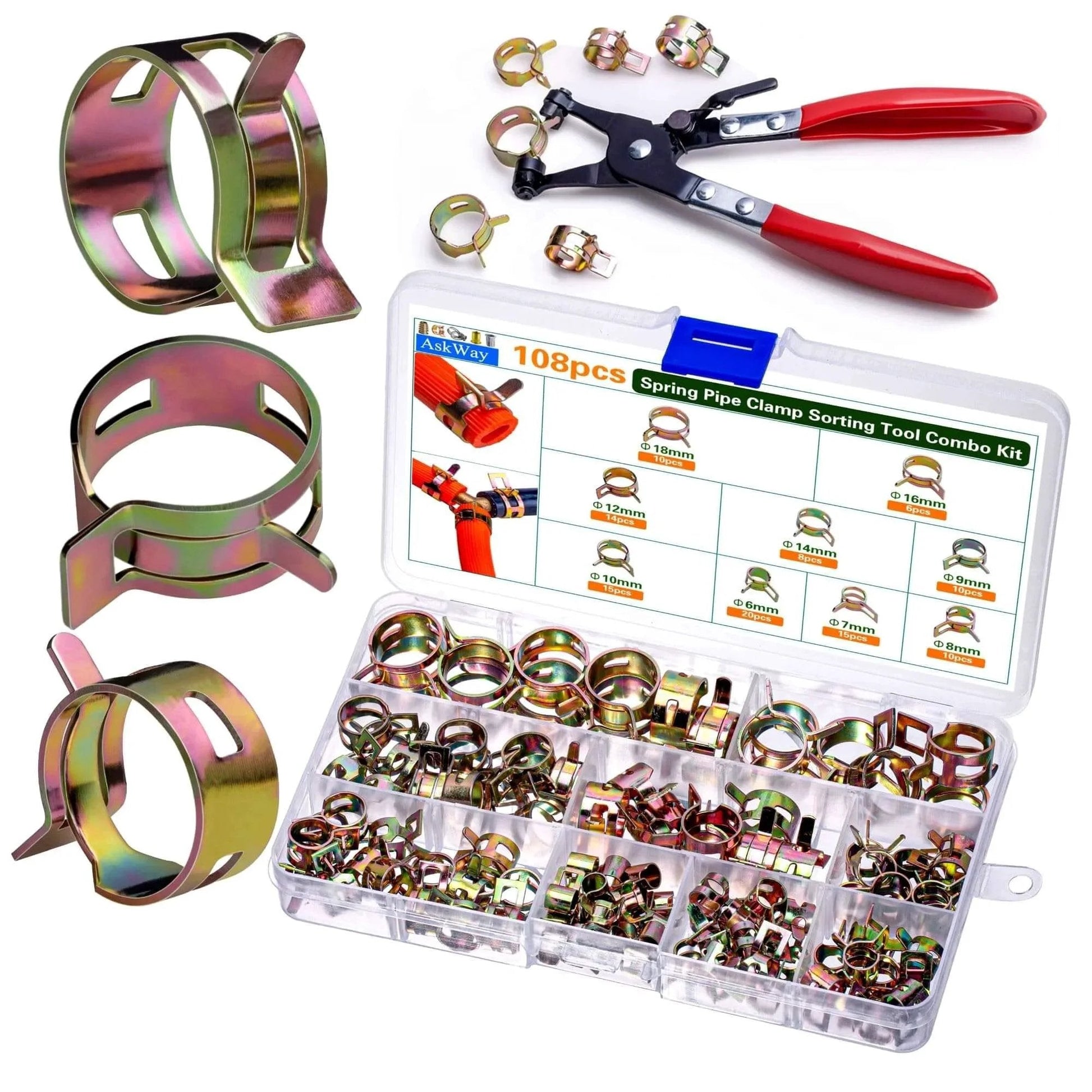 108 Piece Spring Pipe Clamp Set With Clamp Tools, Nine Sizes From 6mm To 18mm, displayed in open case with colorful clamps and tools.