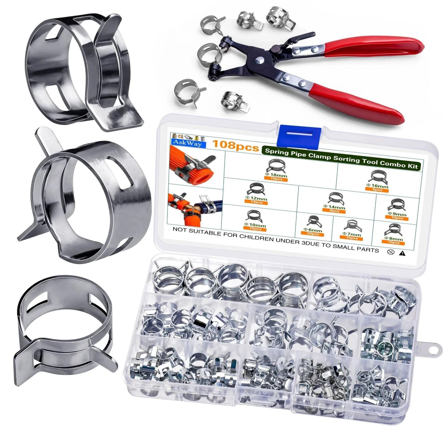108 Piece Spring Pipe Clamp Set With Tools 9 Sizes 6 To 18mm Spring Hose Clamps For Automotive Marine Gardening And Industrial Applications