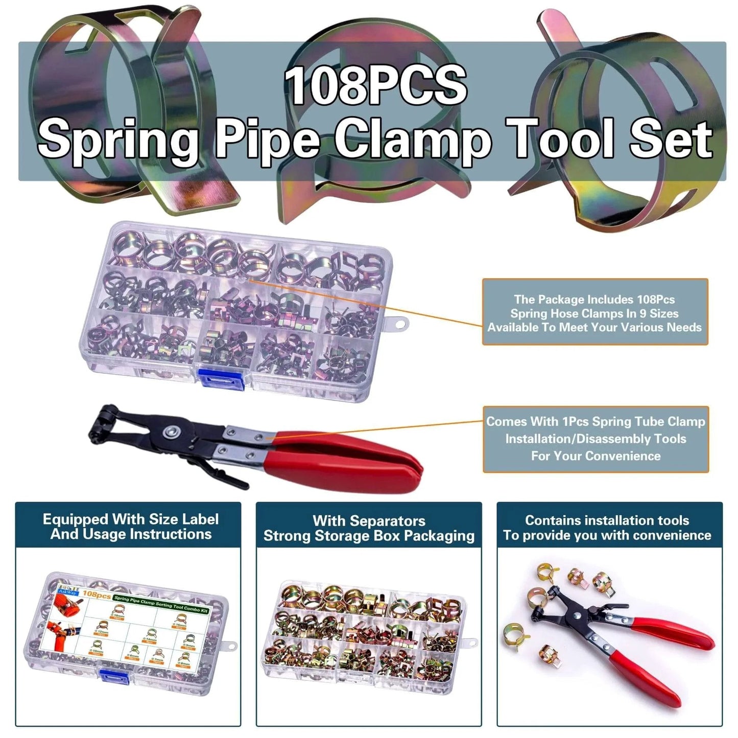 108 Piece Spring Pipe Clamp Set With Clamp Tools, Nine Sizes From 6mm To 18mm, Durable Stainless Steel Construction