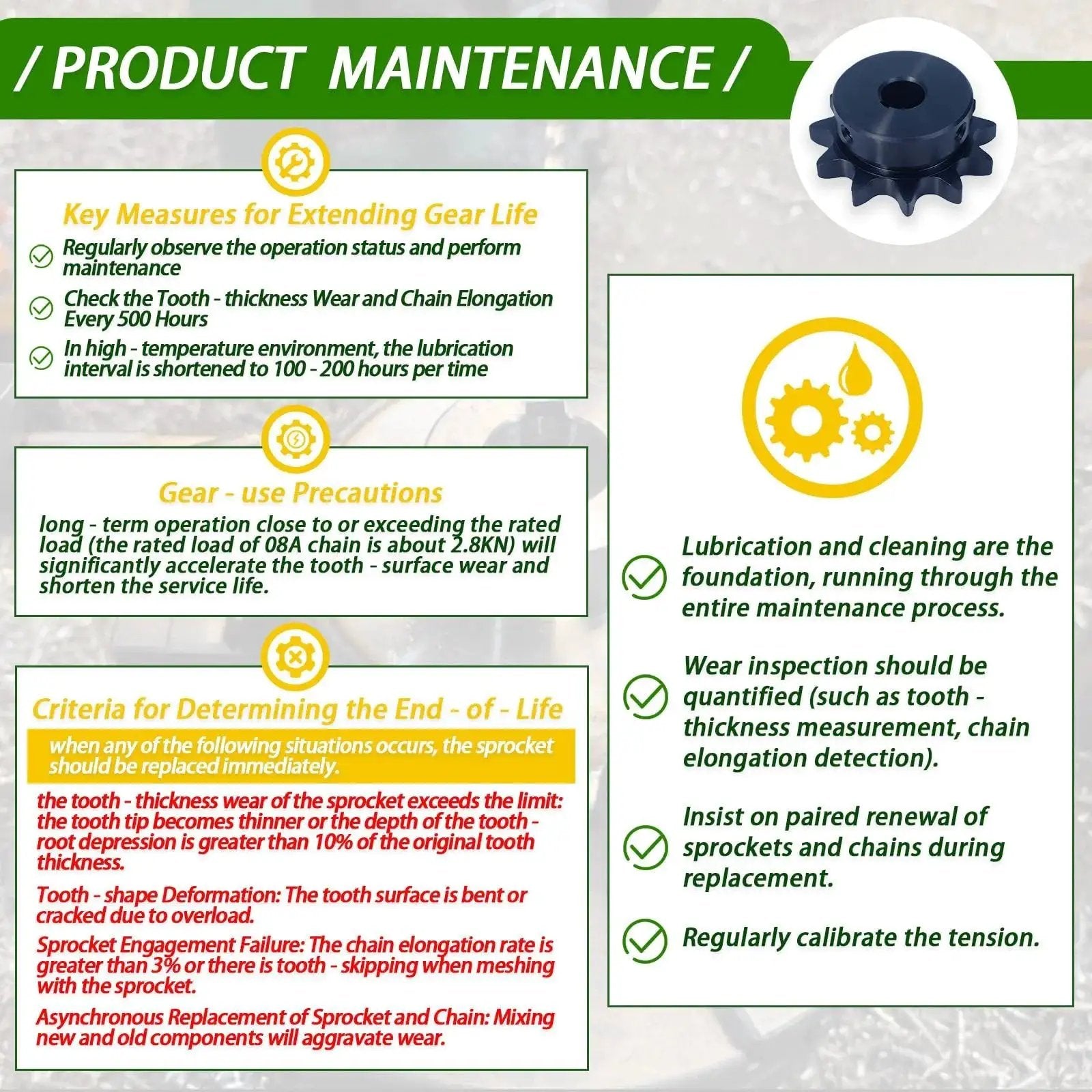 Product maintenance guide with key measures, gear precautions, and end-of-life criteria for 50 Sprocket 17 Tooth Taper Lock Kit.