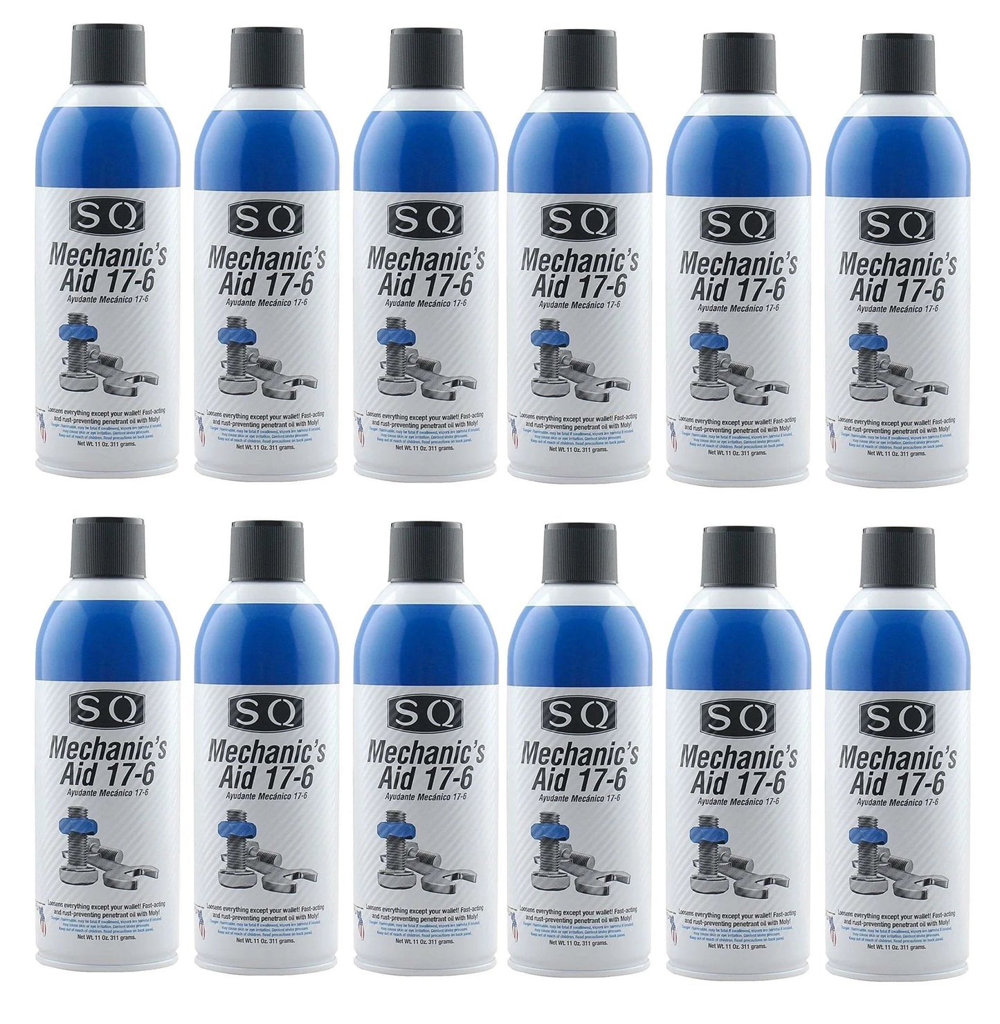 12 pack of SQ Penetrating Catalyst Oil 17-6 Mechanic's Aid, 11 oz cans, front view, with blue and black labels for rust protection