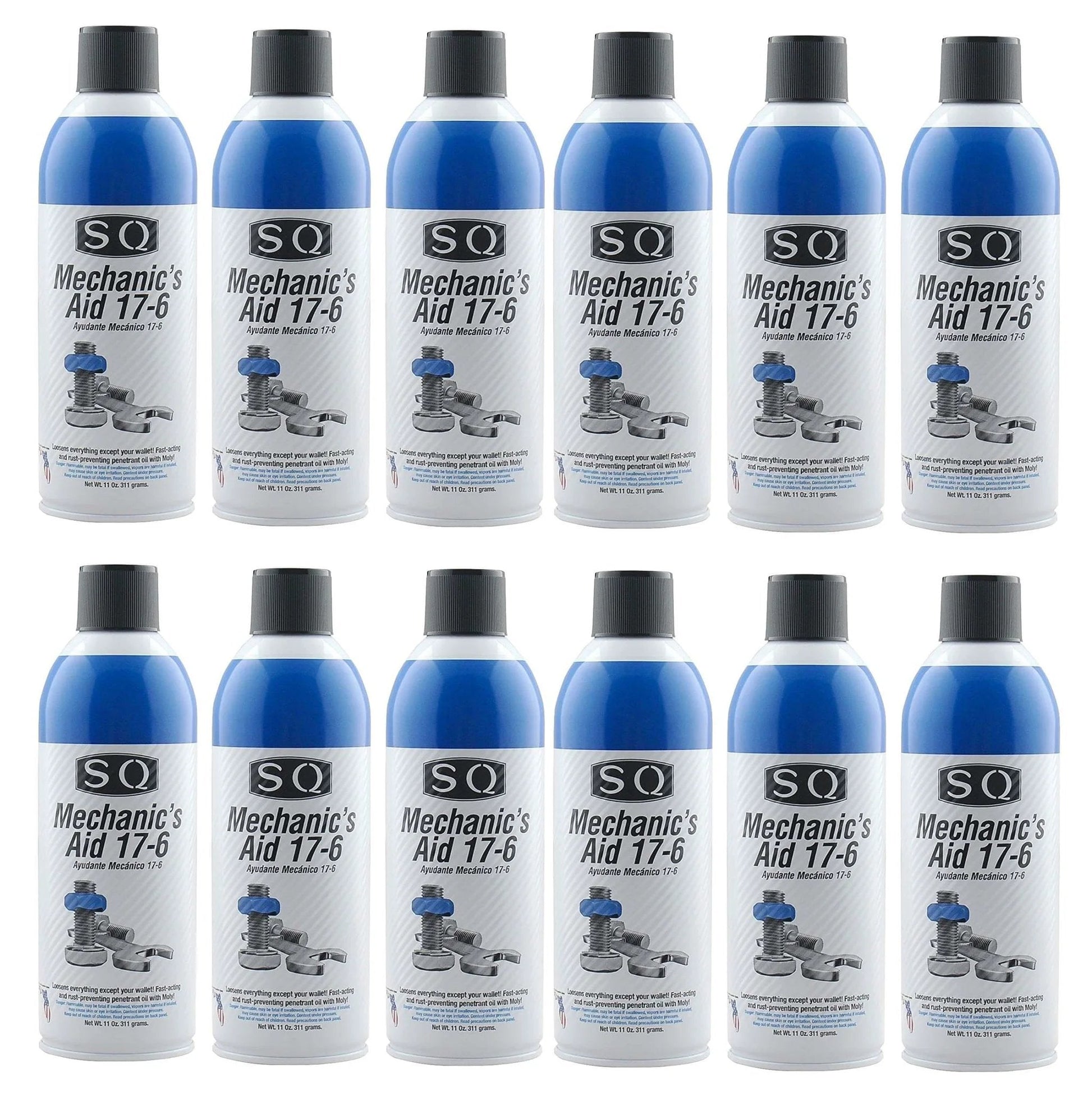 12 pack of SQ Penetrating Catalyst Oil 17-6 Mechanic's Aid, 11 oz cans, front view, with blue and black labels for rust protection