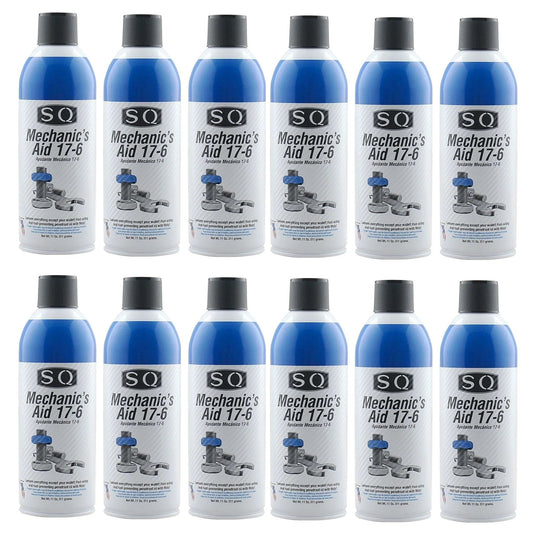 12 pack of SQ Penetrating Catalyst Oil 17-6 Mechanic's Aid, 11 oz cans, front view, with blue and black labels for rust protection