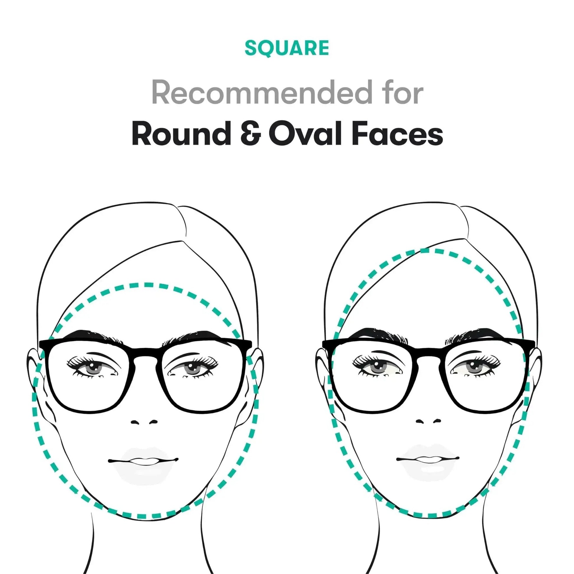Illustration showing Z87.1 Certified Safety Glasses With Blue Light Blocking And Anti Fog Coating recommended for round and oval faces.