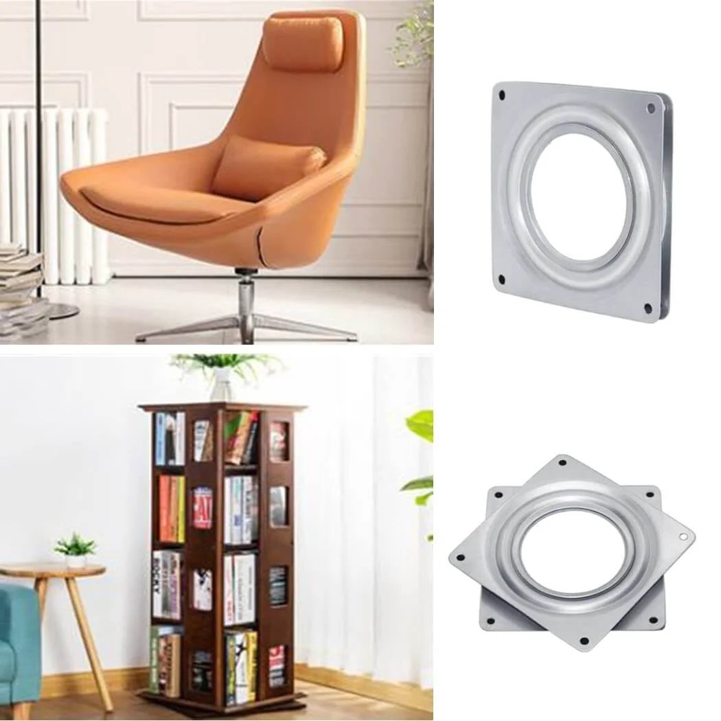 4 Pack 3 Inch Square Lazy Susan Hardware, Metal Turntable Bearings for swivel chairs and rotating cabinets, steel construction.