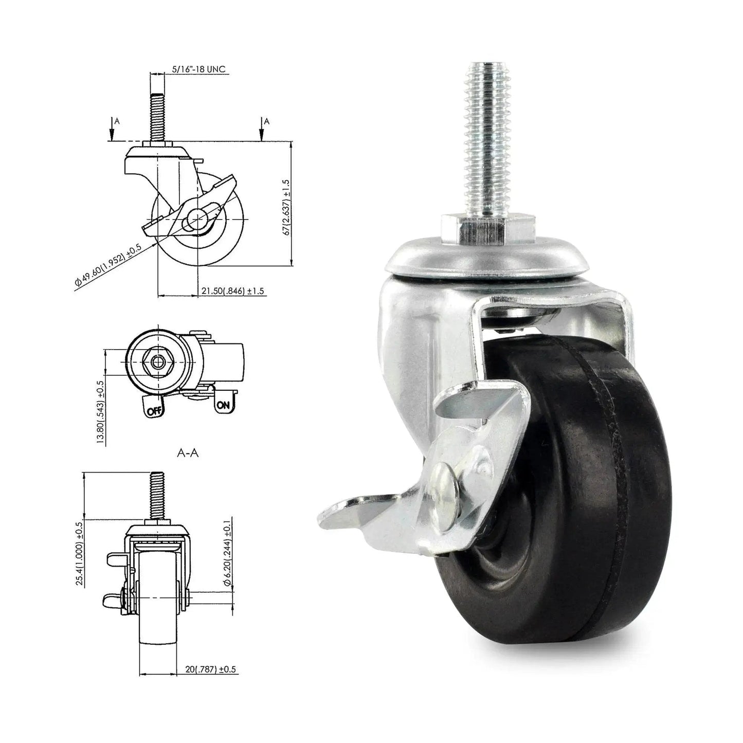 One Inch Square Metal Double Star Caster Insert with 5/16-18 Threaded Stem for 2 Inch Wheel Industrial Casters Set of Four with Brakes