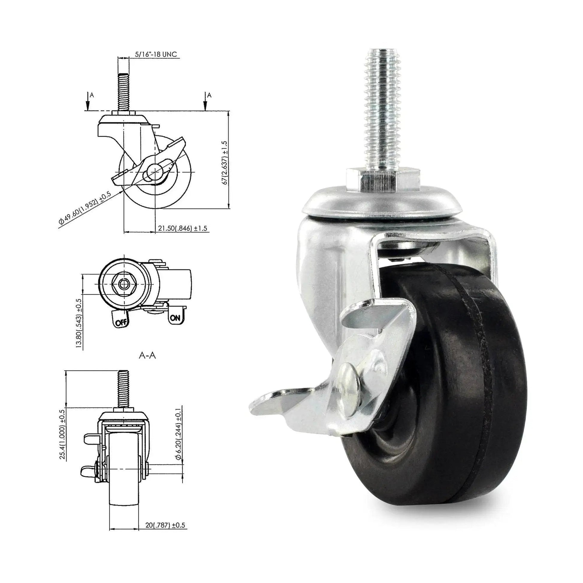 One Inch Square Metal Double Star Caster Insert with 5/16-18 Threaded Stem for 2 Inch Wheel Industrial Casters Set of Four with Brakes
