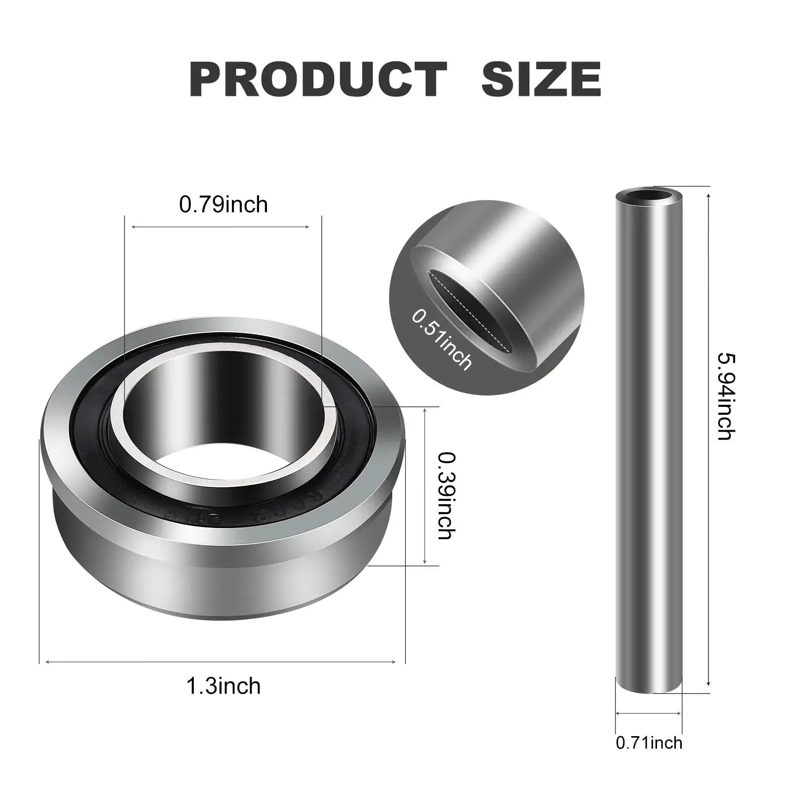 Dimensions of stainless steel bearing and axle for Two Stainless Steel Front Axle And Bearing Conversion Kits For Select Z Series Zero Turn Mowers.