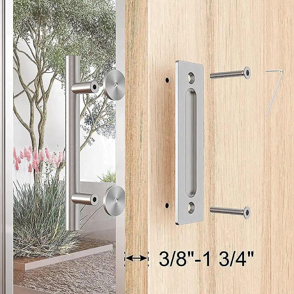 Two Sided Sliding Barn Door Handle Hardware In Brushed Stainless Steel 304 Twelve Inch Length installed on a wooden door