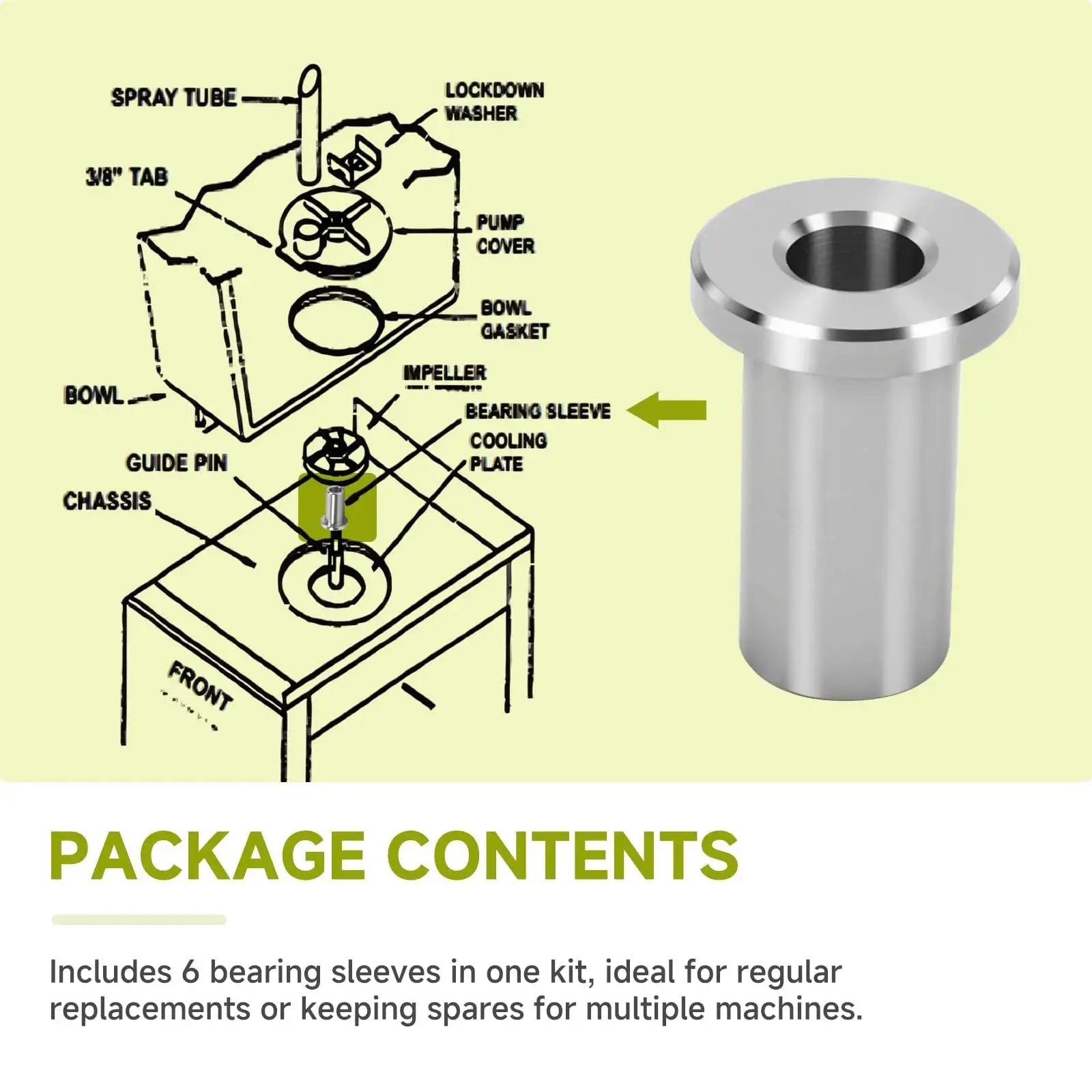 Illustration and photo of Six Pack 3220 Bearing Sleeves for Grindmaster Crathco Beverage Dispensers, stainless steel part next to diagram