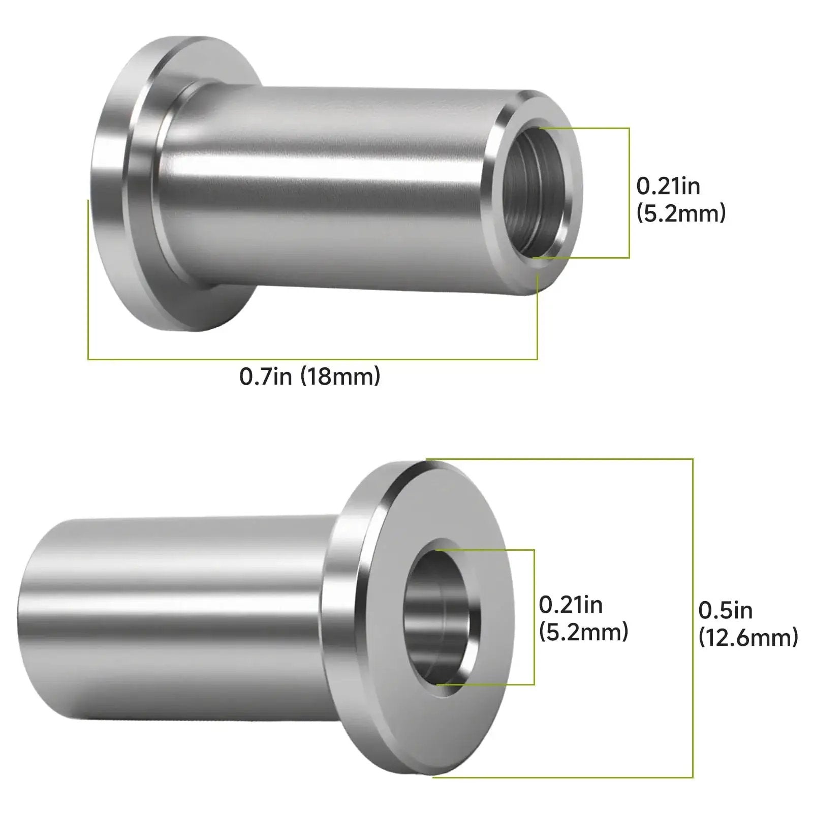Stainless steel 3220 bearing sleeve dimensions for Grindmaster Crathco beverage dispensers, side view and front view