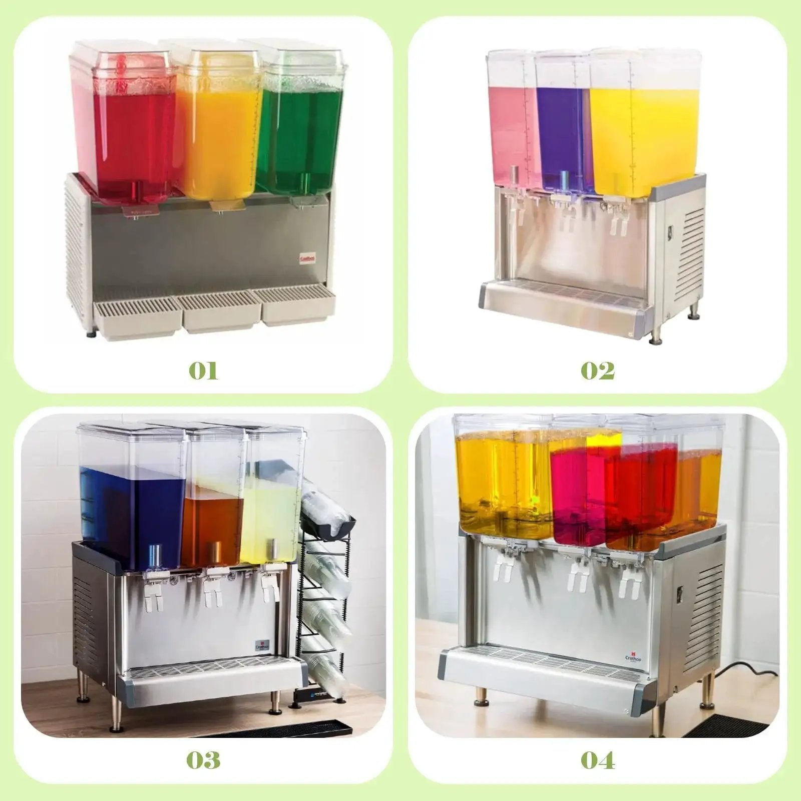 Commercial beverage dispensers showcasing multicolor juices in clear containers with stainless steel bases, ideal for high-volume settings.