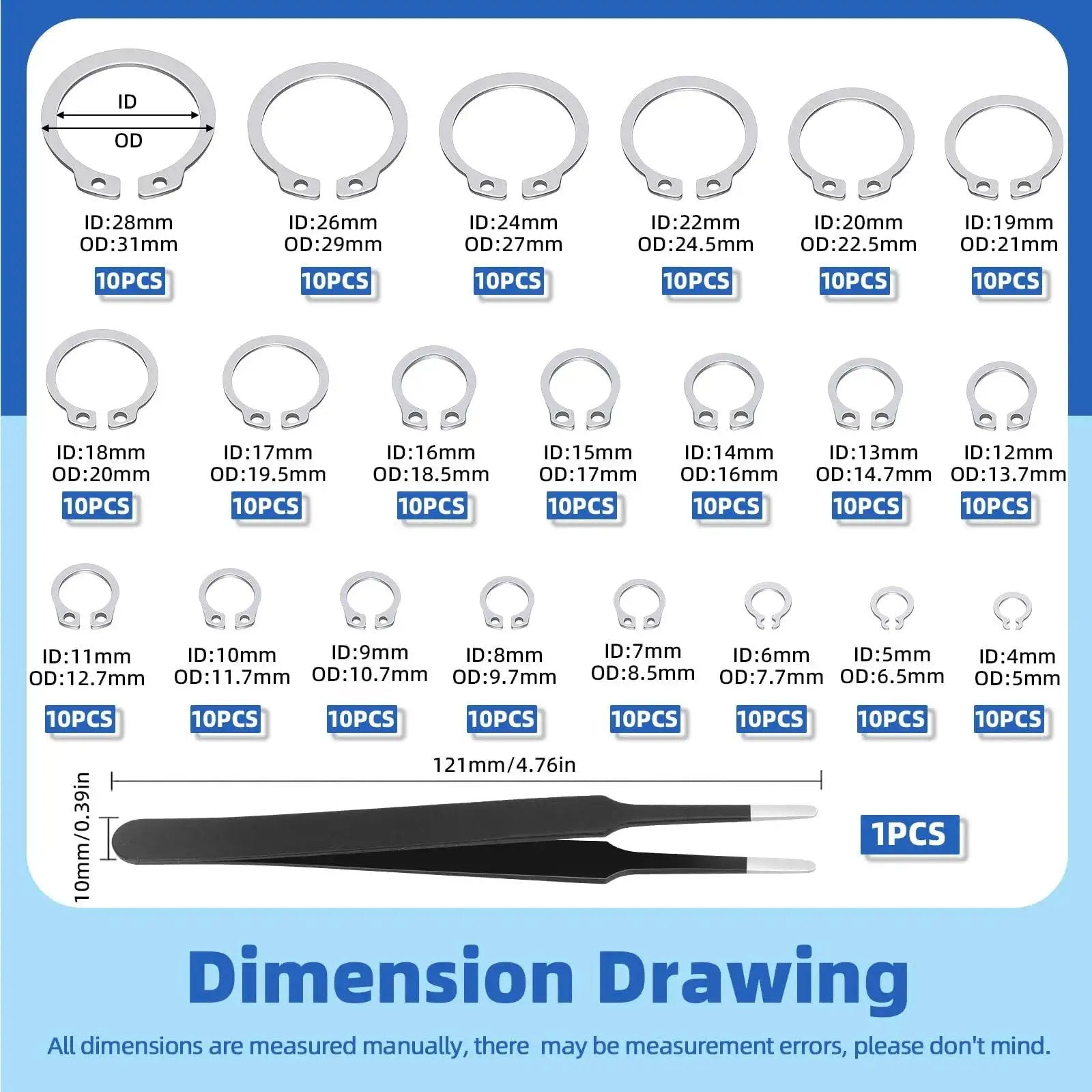 Diagram showing Ultimate 211 Piece C Clip External Retaining Ring Set In 304 Stainless Steel From 4mm To 28mm with tweezer by Glarks.