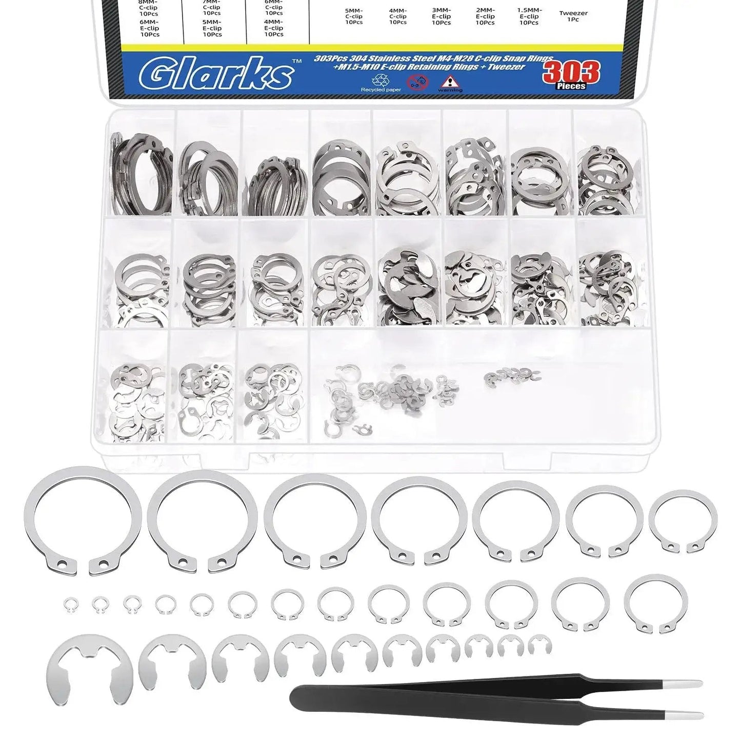 Over 300 Piece Stainless Steel C Clip And E Clip Retaining Ring Set By Glarks with sizes 4mm to 28mm and a handy tweezer displayed