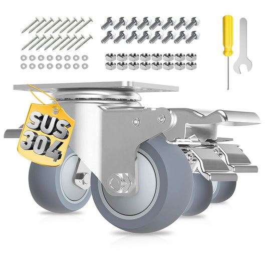 2 Inch Heavy Duty Stainless Steel Caster Wheels With Brake Swivel Set Of 4, 1000 Lbs Total Load, Quiet Non Marking TPR Wheels, 304 Stainless Steel Brackets, Double Ball Bearings, Rustproof For Furniture, Kitchen, Labs, Industrial