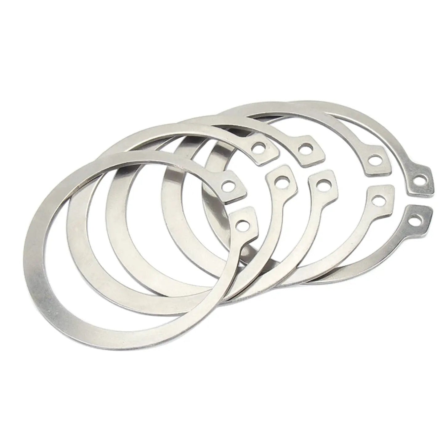 Five-piece external circlip snap ring set in 304 stainless steel for cars, electrical systems, bearings, from 35mm to 47mm, rust resistant.
