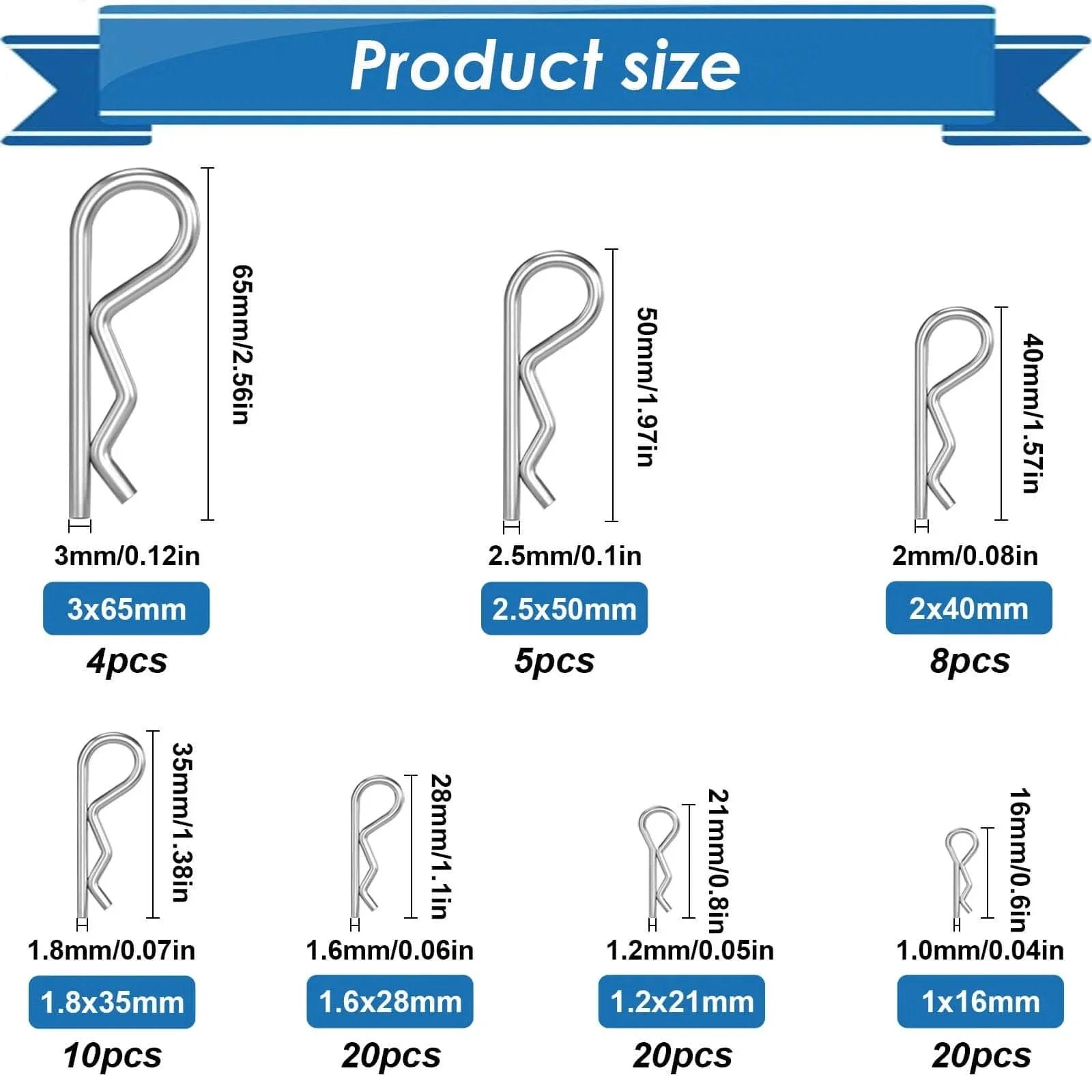 Diagram showing sizes of 304 Stainless Steel Cotter Pin Assortment Kit 13 Sizes Cotter Pins And R Clips for Hitch Pin Lock Systems
