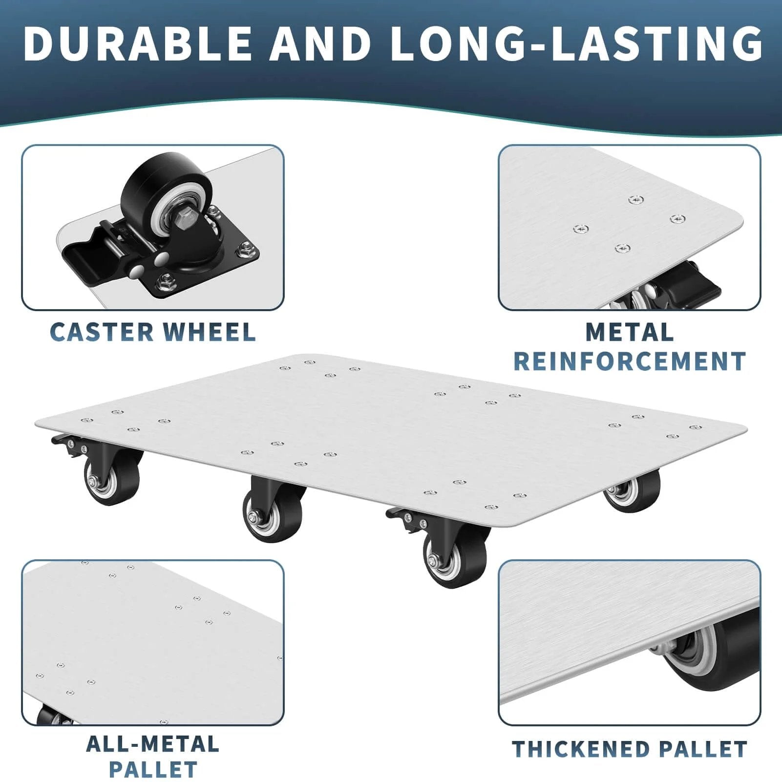 Heavy duty stainless steel furniture dolly with 6 swivel casters, metal reinforcement, and all-metal pallet, 1000 lb capacity.