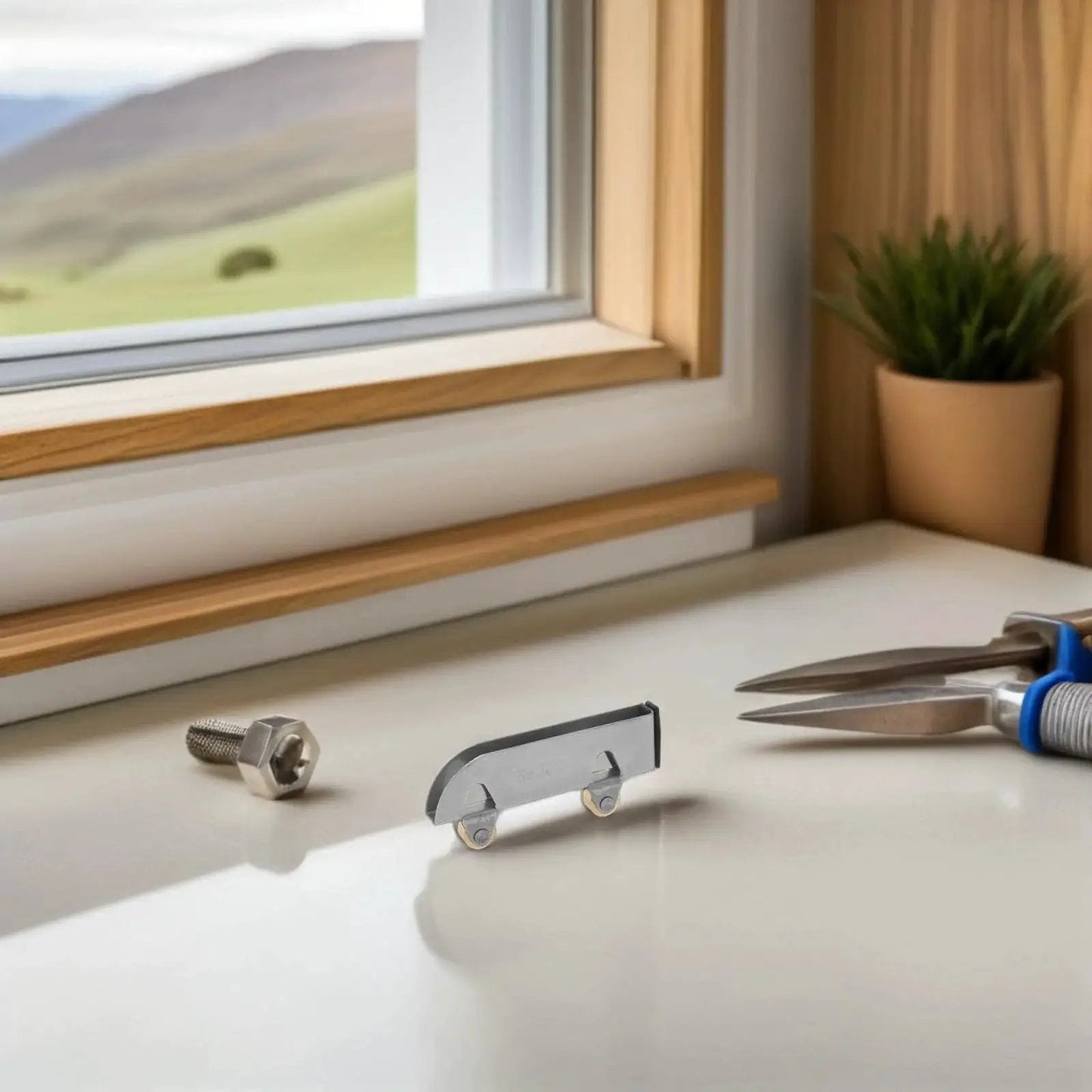 6Pcs Sliding Glass Door Wheels Kit displayed on a table with tools, showcasing the stainless steel roller for cabinet use.