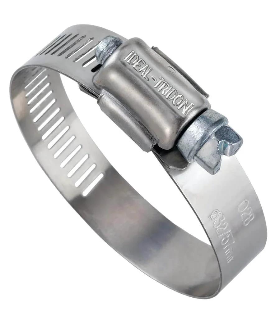 Ideal Tridon Model 28 Stainless Steel Band Hose Clamp close-up, 1-1/4 Inch to 2-1/4 Inch Clamping Range, corrosion resistant