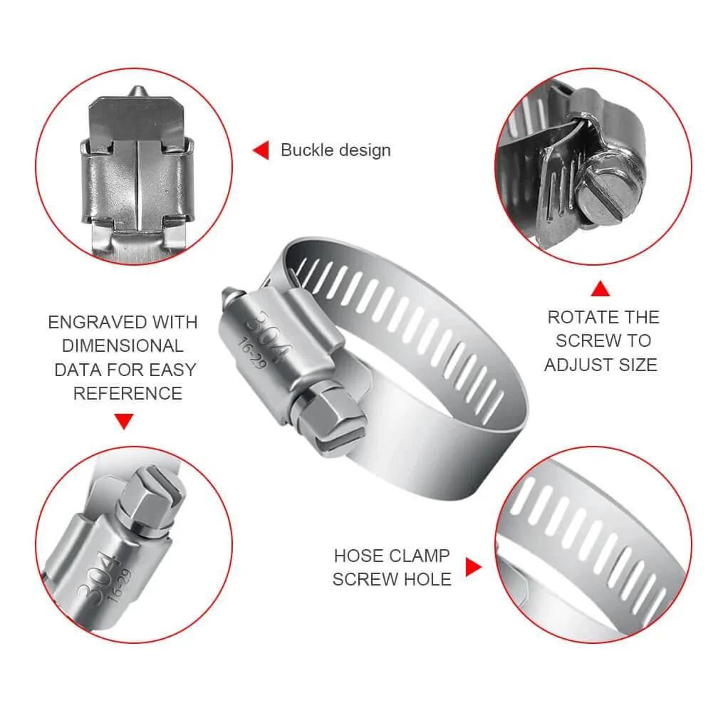 Close-up view of 40 Pcs Hose Clamp Set With Seven Size Ranges Adjustable Pipe Tube Clamps Made From Premium 304 Stainless Steel Durable Hose Clamps For Home Garage Garden Lawn Projects and Everyday Repairs.