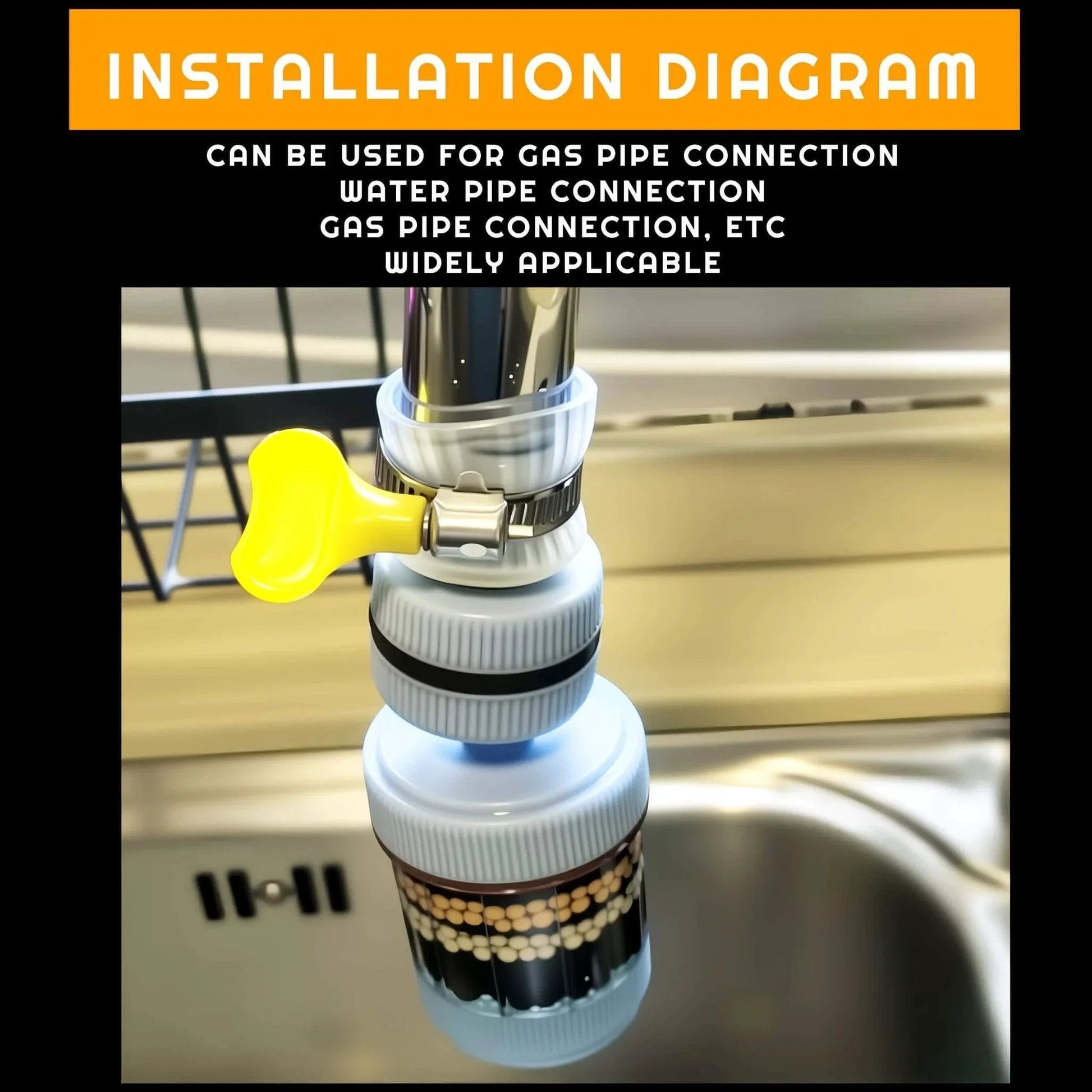 Installation diagram showing Stainless Steel Hose Clamp Assortment Kit 80 Pieces Adjustable 8 To 44 Mm Worm Gear Metal Fuel Line Clamps for Plumbing Automotive and Mechanical Applications Corrosion Resistant 304 Stainless in use.