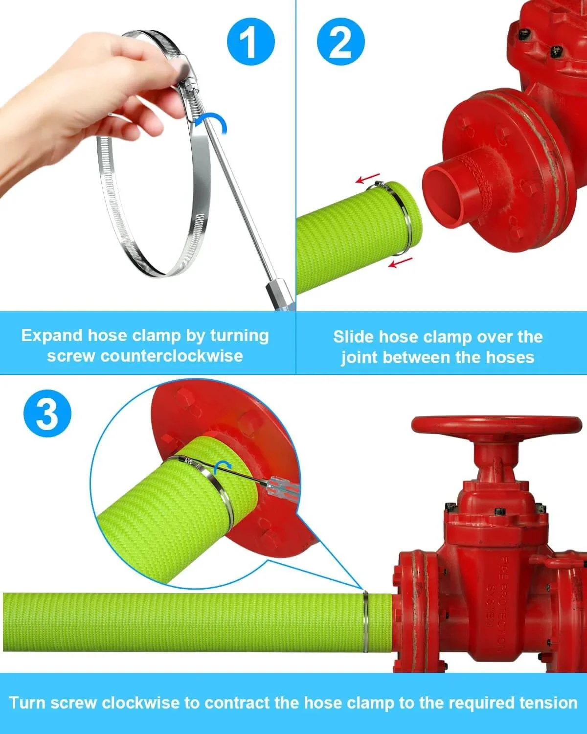 Steps showing installation of Hose Clamp Set Of Six 12 Inch 304 Stainless Steel Worm Gear Clamps for connecting green hose