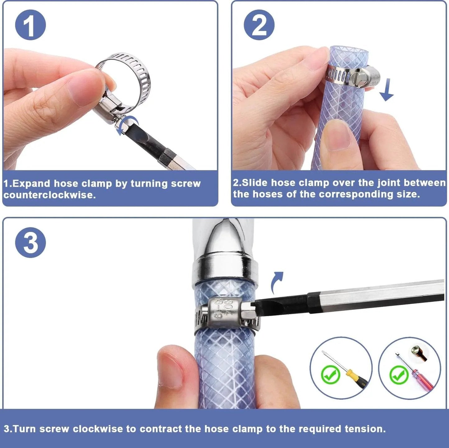 Steps to install Qibaok 120 Piece Stainless Steel Hose Clamps Assortment Kit With One Quarter Inch To One And One Half Inch Worm Gear Clamps For Fuel Line Plumbing Automotive Mechanical Applications Pipe Tube Radiator Garden Corrosion Resistant Waterproof