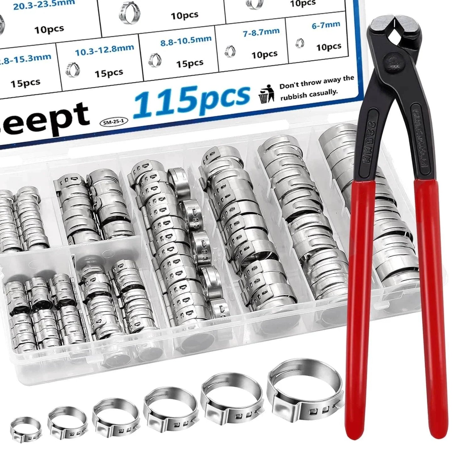 115Pcs 10 Sizes 304 Stainless Steel Single Ear Hose Clamps Set With Ear Clamp Pliers Crimp Hose Clamps for Auto Vehicles