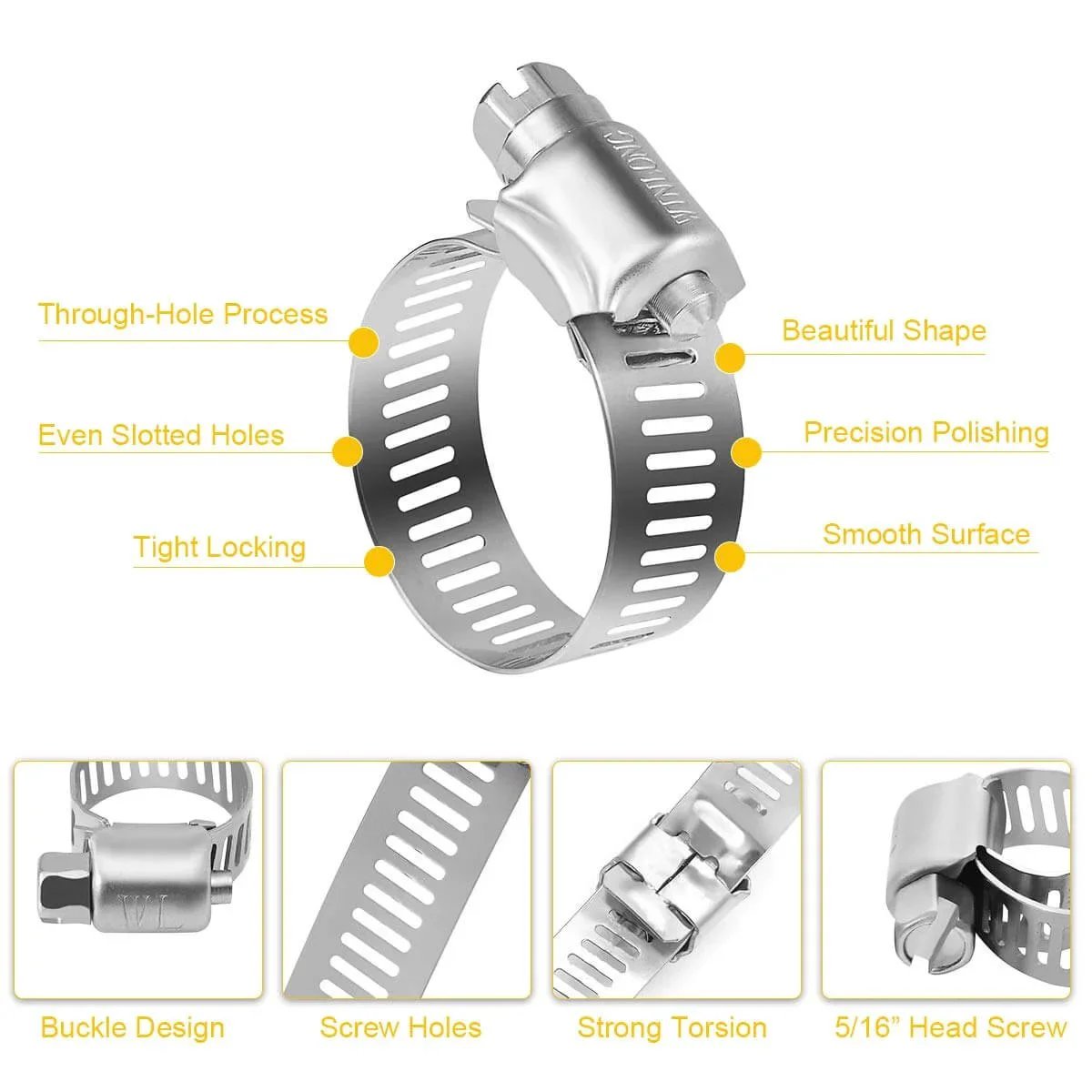 Stainless Steel Hose Clamps 16 Pack Worm Gear Drive SAE 12 Clamps Clamping Range From Half Inch To One And Quarter Inch 14mm To 31mm For Automotive Plumbing Premium 304 Stainless Construction For Maximum Corrosion Resistance, showing details like buckle design and screw holes.