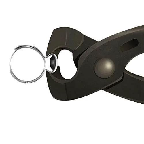 Close-up view of 40 Pcs 15.3mm-18.5mm Single Ear Hose Clamps 304 Stainless Steel PEX Cinch Clamps with pliers for pipe fitting connections.